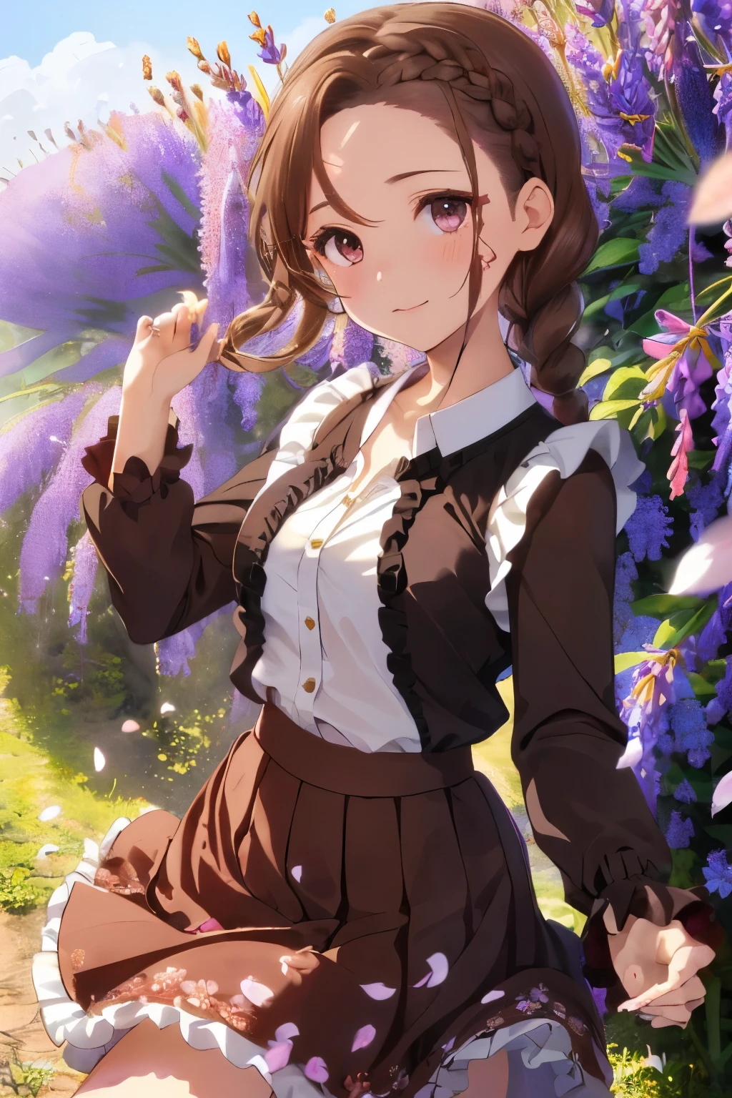 1 woman, (Masterpiece, Best quality:1.2), wearing white outfit, Garden setting, Very long hair, Waist length hair, There is a braid on the left side, Brown hair, Golden eyes