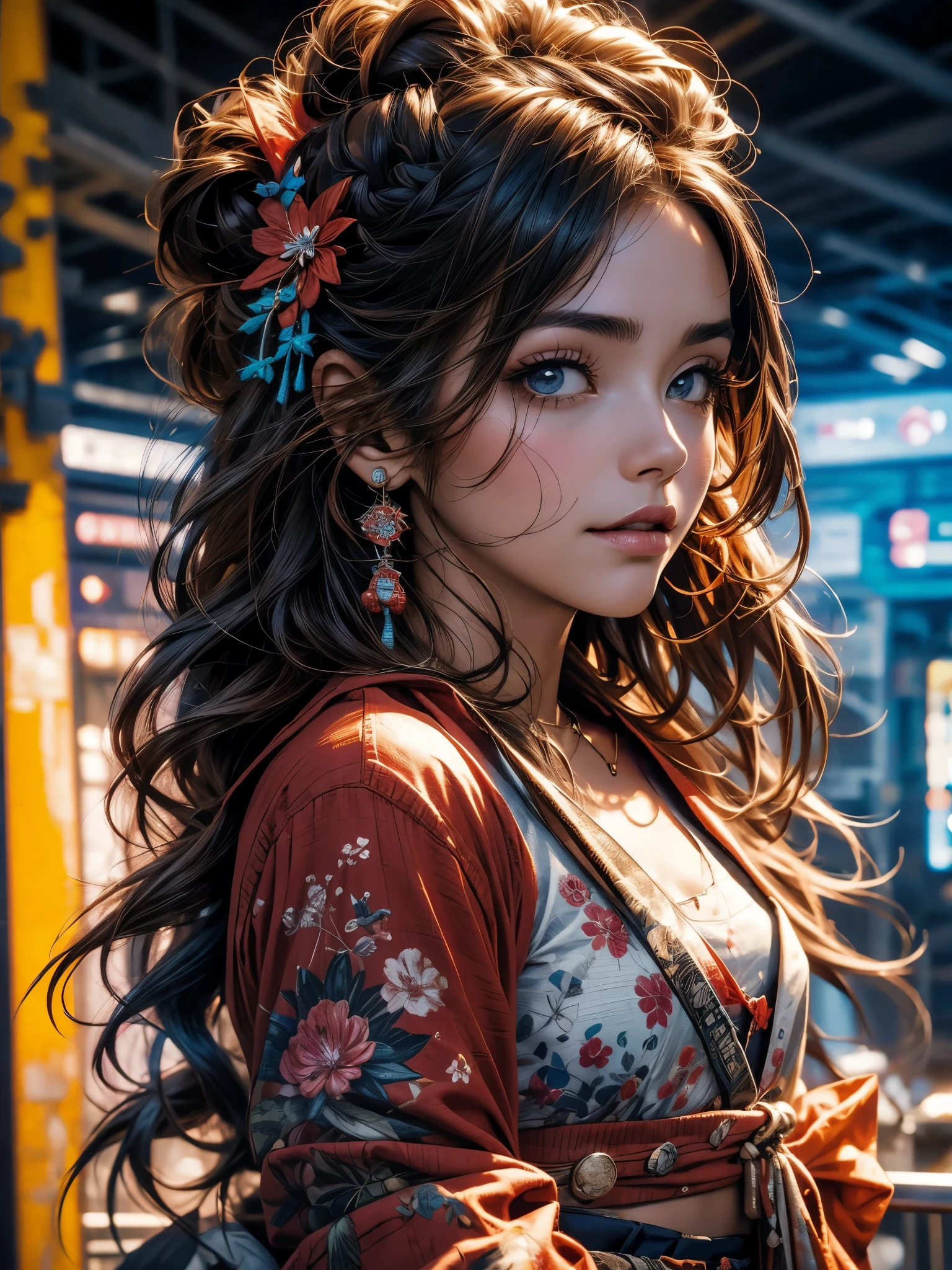 master part, extremely high quality, SFW, colorido, 1girl, sozinho, hakurei reimu, brown hair, olhos castanhos, cabelos longos, tubos de cabelo, seios pequenos, Resumo Antecedentes, fundo azul, fundo cor-de-rosa, fundo amarelo, fundo de bolinhas, (Halftone)