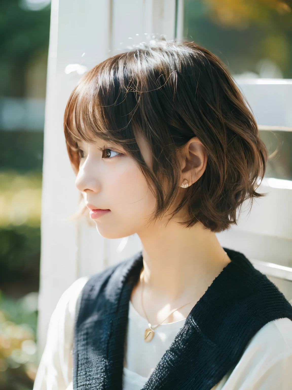 (Layered Haircut:1.2))、short wavy hair、8K、(Raw photography)、(top-quality)、(フォトreallistic:1.4)Realistic to the touch Realistic、(4Khigh-level image quality:1.2)、(High resolution, masutepiece, top-qualityの, high detailing, Official: 1.4), (Realistic: 1.2, ハイパーreallistic: 1.1, フォトreallisticです: 1.37), depth of fields, (Detailed description of hair), (Detailed description of face), Incomparable beauty,, (35 years old,: 1.4)、slightly depressed、white walls、Taken in front of the white door、((窓のあるwhite wallsの部屋))、natural soft light、short-hair、bobhairhair、reallistic、high-level image quality、hiquality、profile、Poses variadas、profile、bobhair、Random Poses、Autumn clothes、Winter clothes、 Necklace