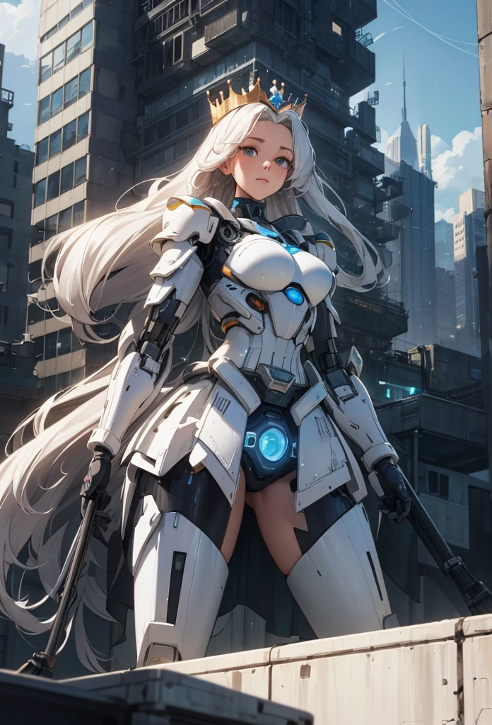 (Detailed illustrations,Very detailed and detailed drawing,Delicate lines with slow and rapid,Realistic texture expression),[Color tressed main line],[Modern city skyscrapers background],(ANIME)(A white GIANTROBOTGirl towering over the building area (SKINNY[SLENDER])),[AUTOMATON](A painstaking face like a sculpture[ROBOTFACE[Eyes like jewels that emit blue-white light]])[[Titanium internal skeleton](Delicate thin fingers) (MACHINEKNIGHT)],((Elegant exterior with many curved surfaces [smooth body surface]) (large crown [[large raised shoulder pad]](Ruffle Petticoat)))[It is called the princess lily of white porcelain],[[TITANWEAPON]] Mecha Body Metal Skin [Cable running down the body surface [gear wheel]],[Platinum coating],[Science Fiction Mechanical [Steampunk]],([beautiful and artistic decoration] [Dense detail [White lily pattern]])[Transparency],(detaileds,high-detail),[[long and beautiful eyelashes]Perfect and beautiful face],[Meticulously drawn hair [美しく艷やかな髪のdetaileds]],(完璧な手のdetaileds [Beautiful fingers without breakdowns [Beautiful nails]]),(Perfect Anatomy(Perfectly proportioned))[[Full body like]],[Ideal color coordination(Accurate simulation of light-material interactions)],([Precision Detail](detaileds,high-detail)),(Huge feeling [Total length 40 meters])[Visual art that conveys a sense of narrative].