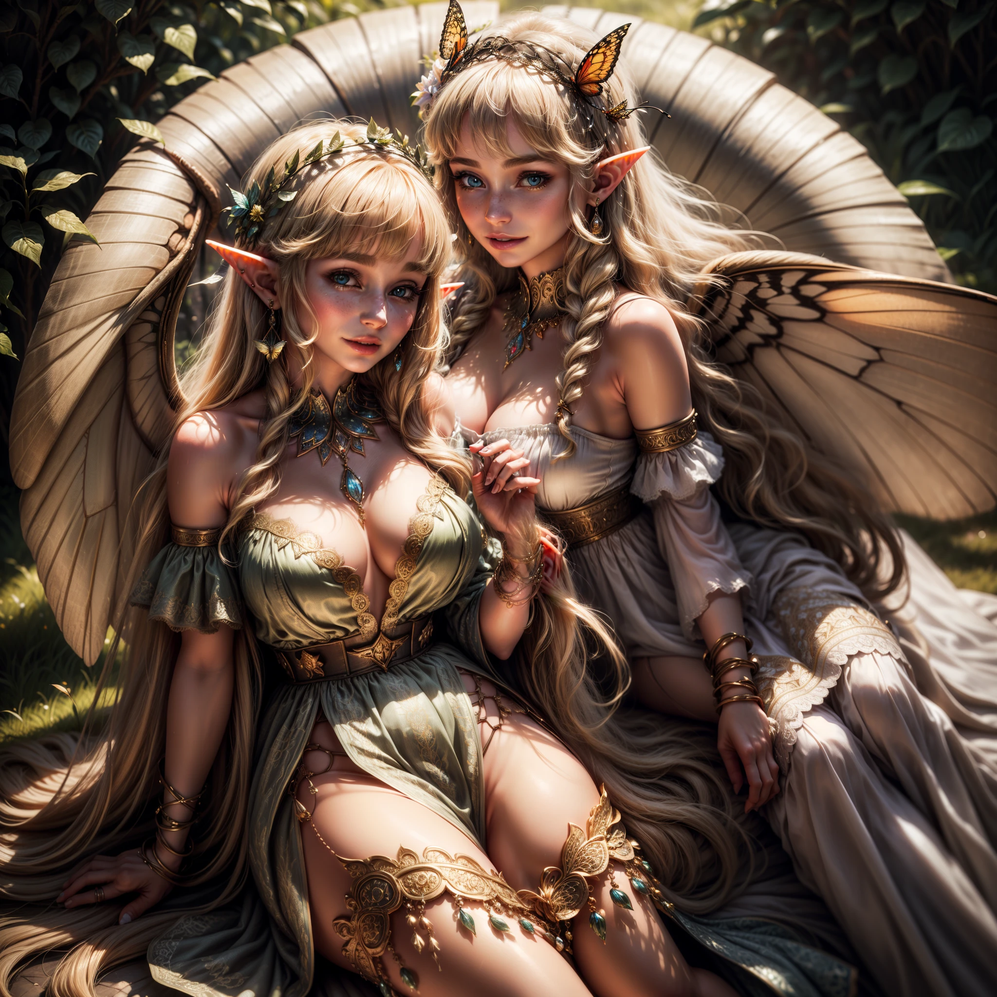 ((hyperrealistic, photorealistic, 8k, intricate details, maximum quality)) A beautiful young elf with long flowing blonde hair with bangs, silky skin, beautiful eyes, full breasts, beautiful lips, smiling, wearing earrings, hair decorations, with two butterfly wings behind her head, wearing a beautiful low-cut light silk dress, with bouquets of flowers on both sides, and in the background, butterflies flying around and under her head, beautiful hyperrealistic butterfly elf, photorealistic adorned elf, beautiful elf background with intricate details. .