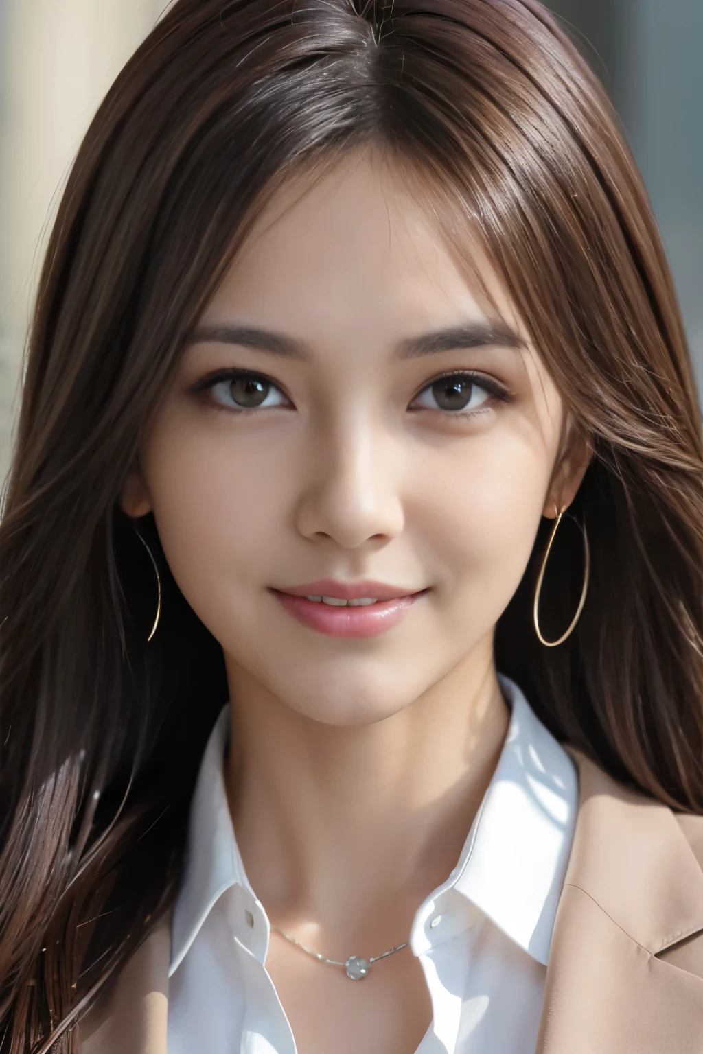 masutepiece, Best Quality, Photorealistic, Ultra-detailed, finely detail, High resolution, 8K Wallpaper, 1 beautiful woman,, light brown messy hair, in a business suit, foco nítido, Perfect dynamic composition, Beautiful detailed eyes, detailed hairs, Detailed realistic skin texture, Smiling, Close-up portrait, Model body type
