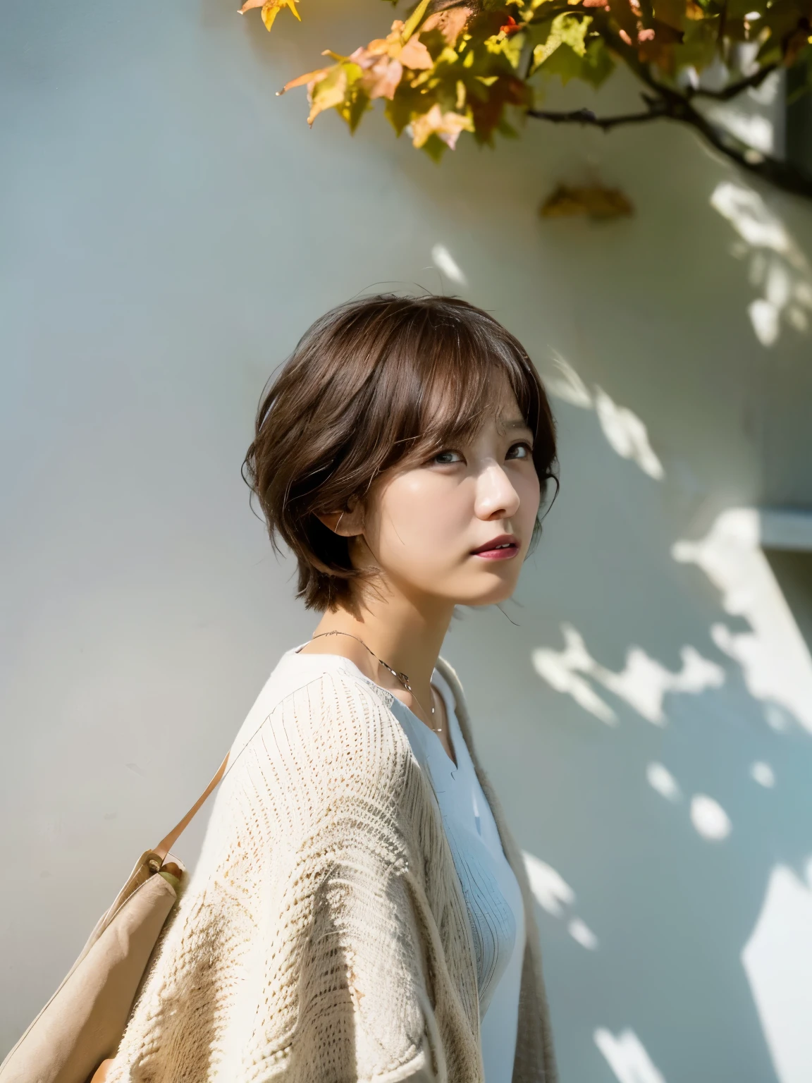 (Layered Haircut:1.2))、short wavy hair、8K、（Raw photography）、（top-quality）、（フォトreallistic：1.4）Realistic to the touch Realistic、(4Khigh-level image quality:1.2)、(High resolution, masutepiece, top-qualityの, high detailing, Official: 1.4), (Realistic: 1.2, ハイパーreallistic: 1.1, フォトreallisticです: 1.37), depth of fields, (Detailed description of hair), (Detailed description of face), Incomparable beauty,, (35 years old,: 1.4)、slightly depressed、white walls、Taken in front of the white door、((窓のあるwhite wallsの部屋))、natural soft light、short-hair、bobhairhair、reallistic、high-level image quality、hiquality、profile、Poses variadas、profile、bobhair、Random Poses、Autumn clothes、Winter clothes、 Necklace