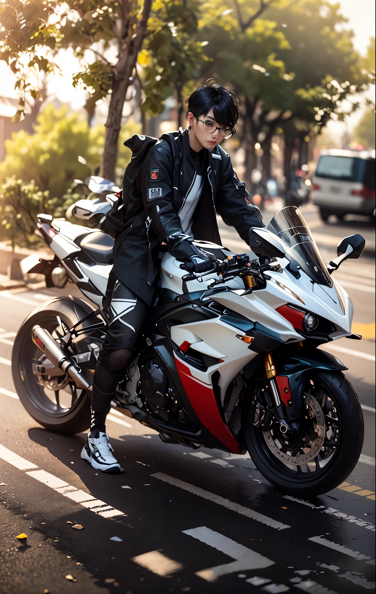 there is a hansome korea boy, perfect face, detail face, that is sitting on a motorcycle on the street, r6, motorbiker, biker, sitting on motorbike, motorcycle, matt white color armor, black white, unreal enging, glossy white armor, white red, triumph, fullbody shot, cinematic full shot, translucent sss, wearing japanese techwear, riding