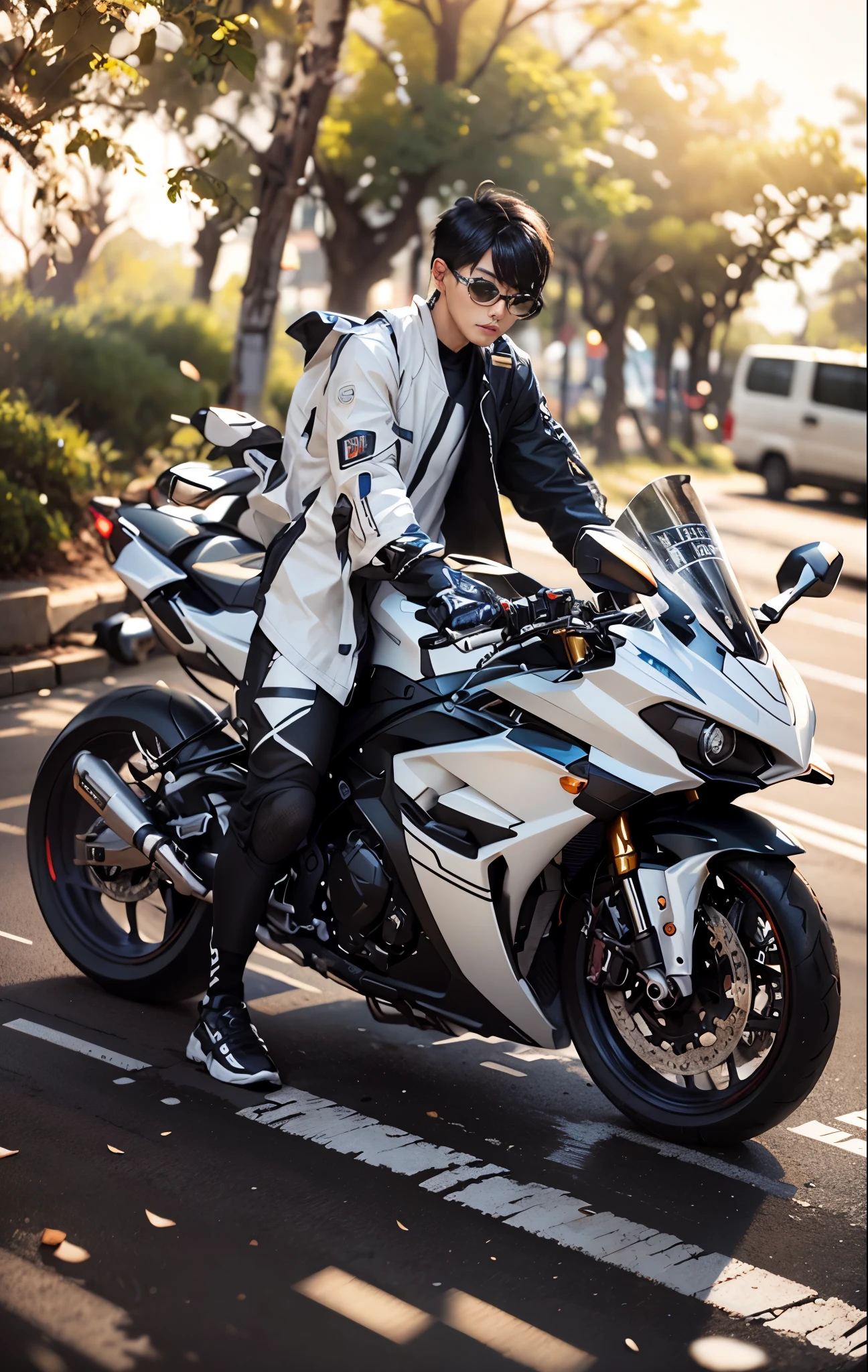 there is a hansome korea boy, perfect face, detail face, that is sitting on a motorcycle on the street, r6, motorbiker, biker, sitting on motorbike, motorcycle, matt white color armor, black white, unreal enging, glossy white armor, white red, triumph, fullbody shot, cinematic full shot, translucent sss, wearing japanese techwear, riding