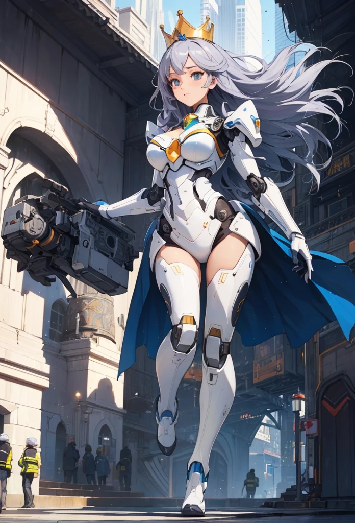 (Detailed illustrations,Very detailed and detailed drawing,Delicate lines with slow and rapid,Realistic texture expression),[Color tressed main line],[Modern city skyscrapers background],(ANIME)(A white GIANTROBOTGirl towering over the building area (SKINNY[SLENDER])),[AUTOMATON](A painstaking face like a sculpture[ROBOTFACE[Eyes like jewels that emit blue-white light]])[[Titanium internal skeleton](Delicate thin fingers) (MACHINEKNIGHT)],((Elegant exterior with many curved surfaces [smooth body surface]) (large crown [[large raised shoulder pad]](Ruffle Petticoat)))[It is called the princess lily of white porcelain],[[TITANWEAPON]] Mecha Body Metal Skin [Cable running down the body surface [gear wheel]],[Platinum coating],[Science Fiction Mechanical [Steampunk]],([beautiful and artistic decoration] [Dense detail [White lily pattern]])[Transparency],(detaileds,high-detail),[[long and beautiful eyelashes]Perfect and beautiful face],[Meticulously drawn hair [美しく艷やかな髪のdetaileds]],(完璧な手のdetaileds [Beautiful fingers without breakdowns [Beautiful nails]]),(Perfect Anatomy(Perfectly proportioned))[[Full body like]],[Ideal color coordination(Accurate simulation of light-material interactions)],([Precision Detail](detaileds,high-detail)),(Huge feeling [Total length 40 meters])[Visual art that conveys a sense of narrative].