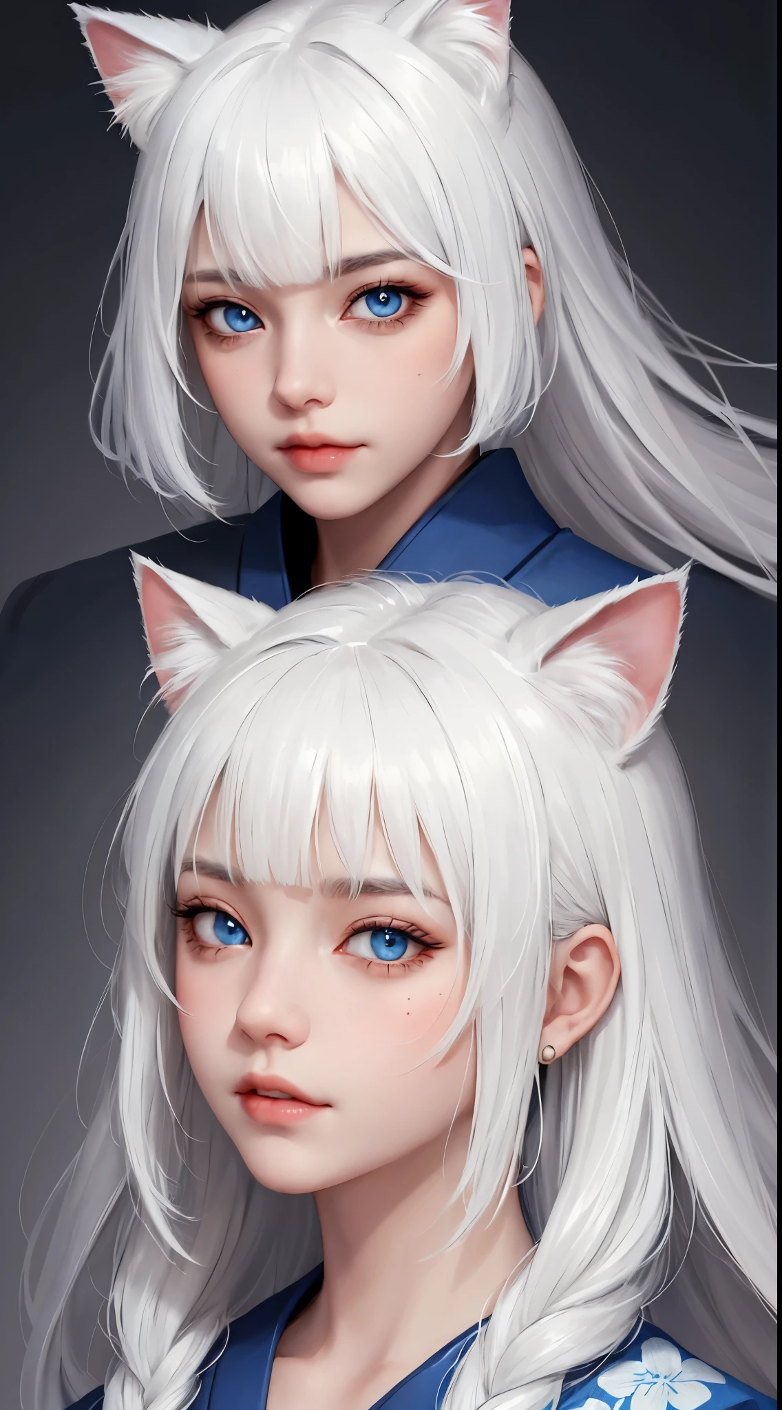 Light white hair, blunt bangs, asymmetrical hair, hair behind ear, long hair, wavy hair, blue eyes, cat pupils, eyebrows behind hair, cat ears, serious, facial hair, close-up, UHD, anatomically correct, textured skin, high details, 1080P, traditional japanese clothes