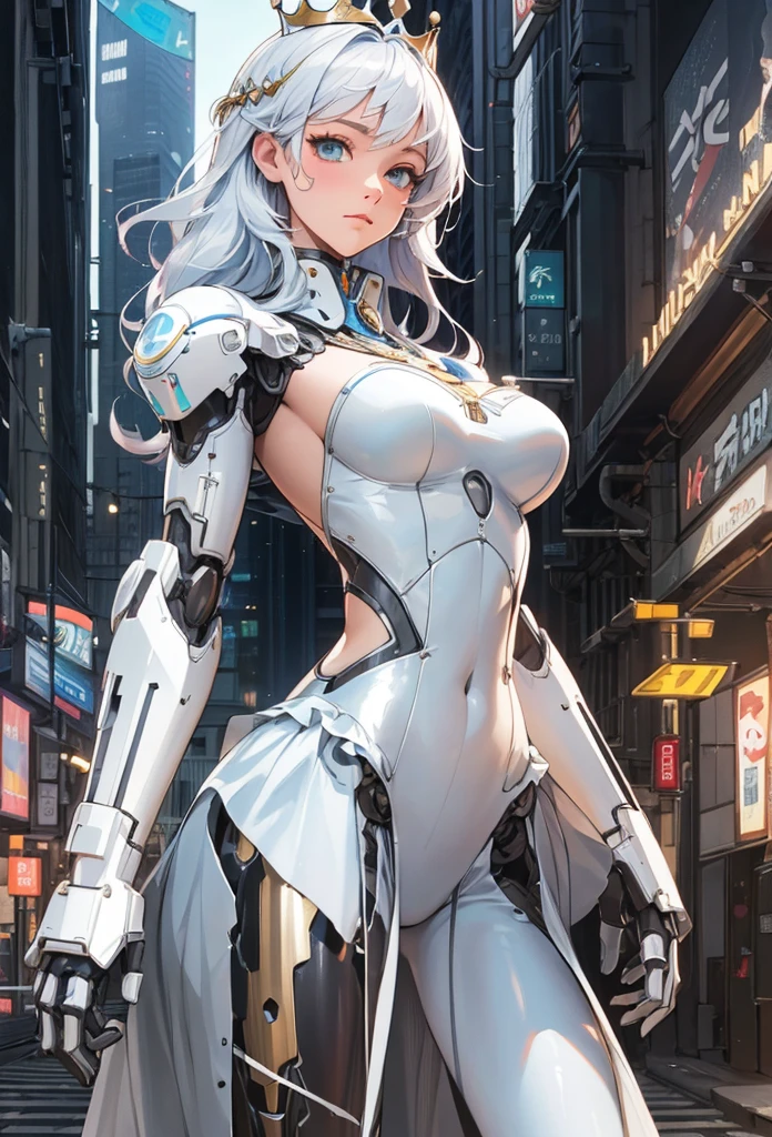 (Detailed illustrations,Very detailed and detailed drawing,Delicate lines with slow and rapid,Realistic texture expression),[Color tressed main line],[Modern city skyscrapers background],(ANIME)(A white GIANTROBOTGirl towering over the building area (SKINNY[SLENDER])),[AUTOMATON](A painstaking face like a sculpture[ROBOTFACE[Eyes like jewels that emit blue-white light]])[[Titanium internal skeleton](Delicate thin fingers) (MACHINEKNIGHT)],((Elegant exterior with many curved surfaces [smooth body surface]) (large crown [[large raised shoulder pad]](Ruffle Petticoat)))[It is called the princess lily of white porcelain],[[TITANWEAPON]] Mecha Body Metal Skin [Cable running down the body surface [gear wheel]],[Platinum coating],[Science Fiction Mechanical [Steampunk]],([beautiful and artistic decoration] [Dense detail [White lily pattern]])[Transparency],(detaileds,high-detail),[[long and beautiful eyelashes]Perfect and beautiful face],[Meticulously drawn hair [美しく艷やかな髪のdetaileds]],(完璧な手のdetaileds [Beautiful fingers without breakdowns [Beautiful nails]]),(Perfect Anatomy(Perfectly proportioned))[[Full body like]],[Ideal color coordination(Accurate simulation of light-material interactions)],([Precision Detail](detaileds,high-detail)),(Huge feeling [Total length 40 meters])[Visual art that conveys a sense of narrative].