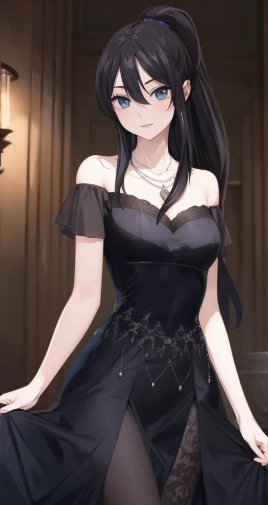 A 20-year-old cat girl with long black hair, gray eyes, cat ears and a cat tail, wears glasses, black  dresses Whole leg length sexy, sleeveless, standing