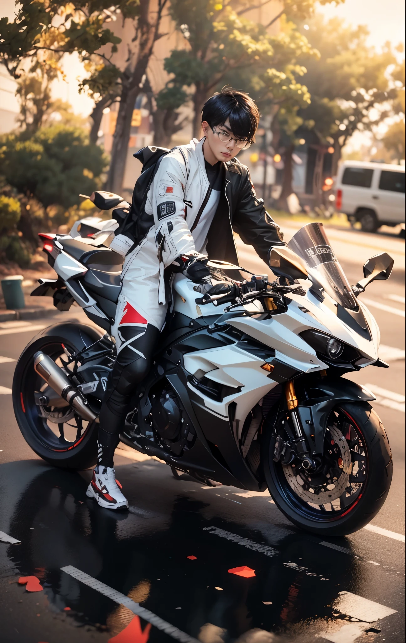 there is a hansome korea boy, perfect face, detail face, that is sitting on a motorcycle on the street, r6, motorbiker, biker, sitting on cyberpunk motorbike, motorcycle, matt white color armor, black white, unreal enging, glossy white armor, white red, triumph, fullbody shot, cinematic full shot, translucent sss, wearing japanese techwear, inspired by Zhu Da, riding