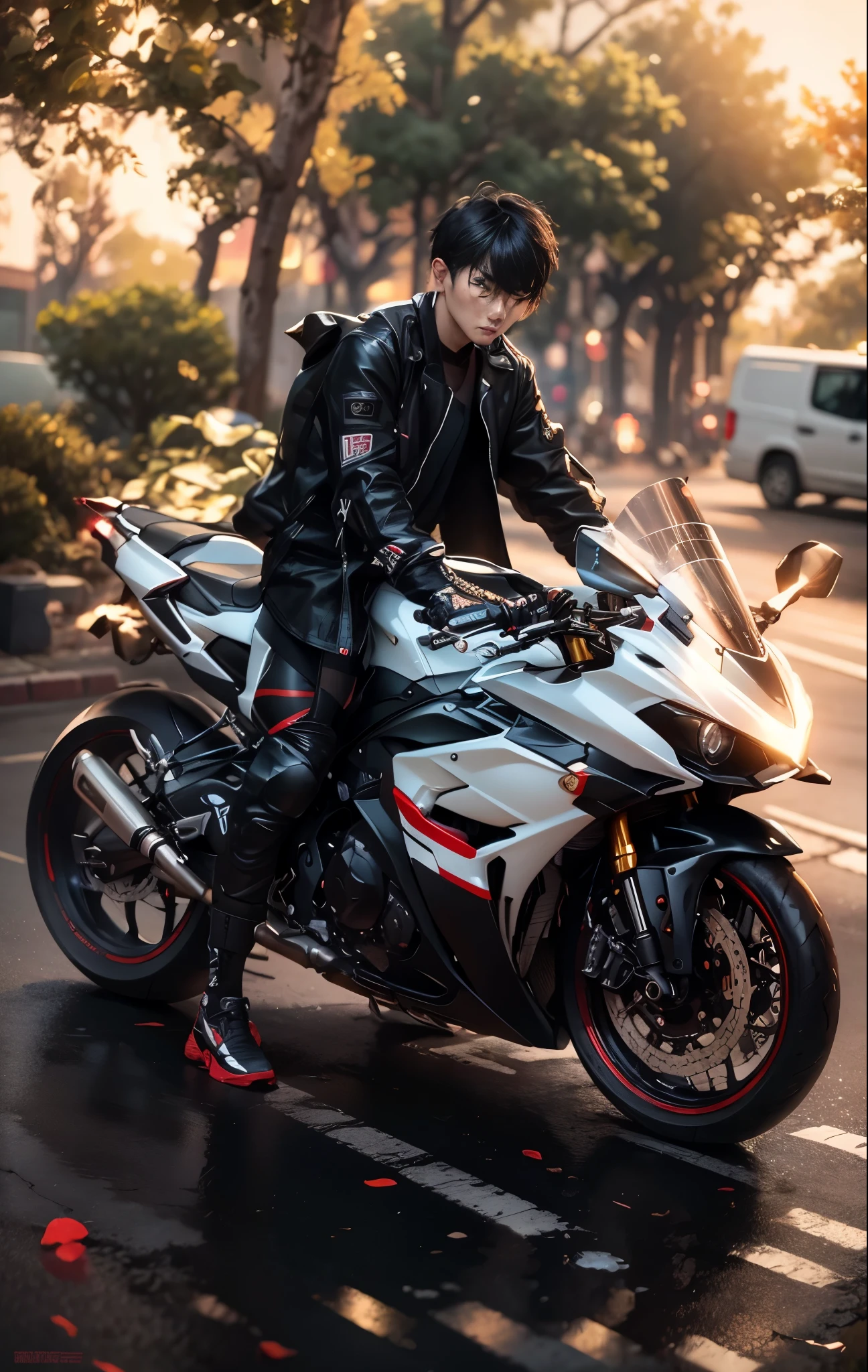 there is a hansome korea boy, perfect face, detail face, that is sitting on a motorcycle on the street, r6, motorbiker, biker, sitting on cyberpunk motorbike, motorcycle, matt white color armor, black white, unreal enging, glossy white armor, white red, triumph, fullbody shot, cinematic full shot, translucent sss, wearing japanese techwear, inspired by Zhu Da, riding