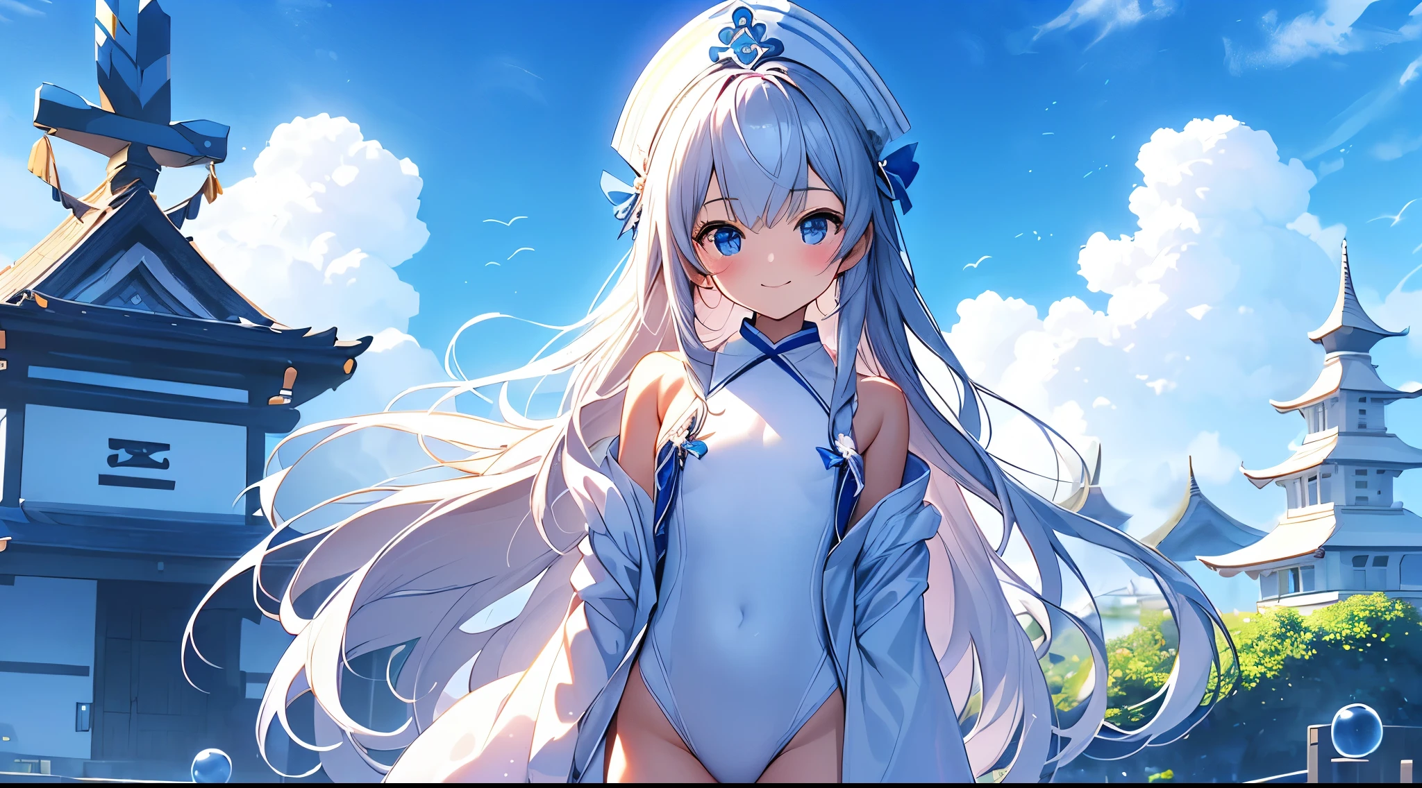 ((4k、8k、top-quality、perfect fingers: 1.3、perfect anatomia: 1.3、Background blur))、((ar old、eauty girl 、a baby faand white high neck swimsuit、Shrine maiden style jacket、long-sleeve)、long straight hair、Beautiful big drooping eyes))、Happy smiling face、Full body display、Blue summer sky、White sandy beach、
