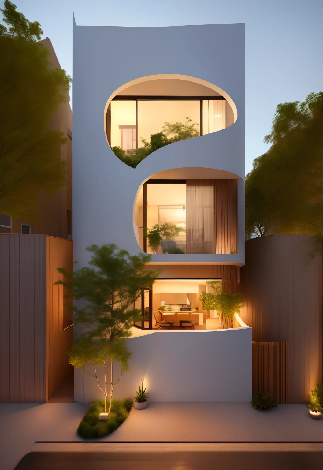 (Townhouse in city ,close houses and trees), daylight ( best quality) ((high solution)) ,(( photo realistic)) ,warm light, (sharp focont view of townhouse in style of modern,small house, Narrow area,VietNam,facade, curved arch,beautiful facade,curved windown,narrow and long ,two-storey,mutual colours, soft lighting, warm atmosphere,high Resolution, hyper detailed,4k ,vray render, octane render, hyper realistic, photography expert ,exterior design , professional photography, exterior photography,wide-angle shot , ultra detail , high Resolution , full frame, full body
