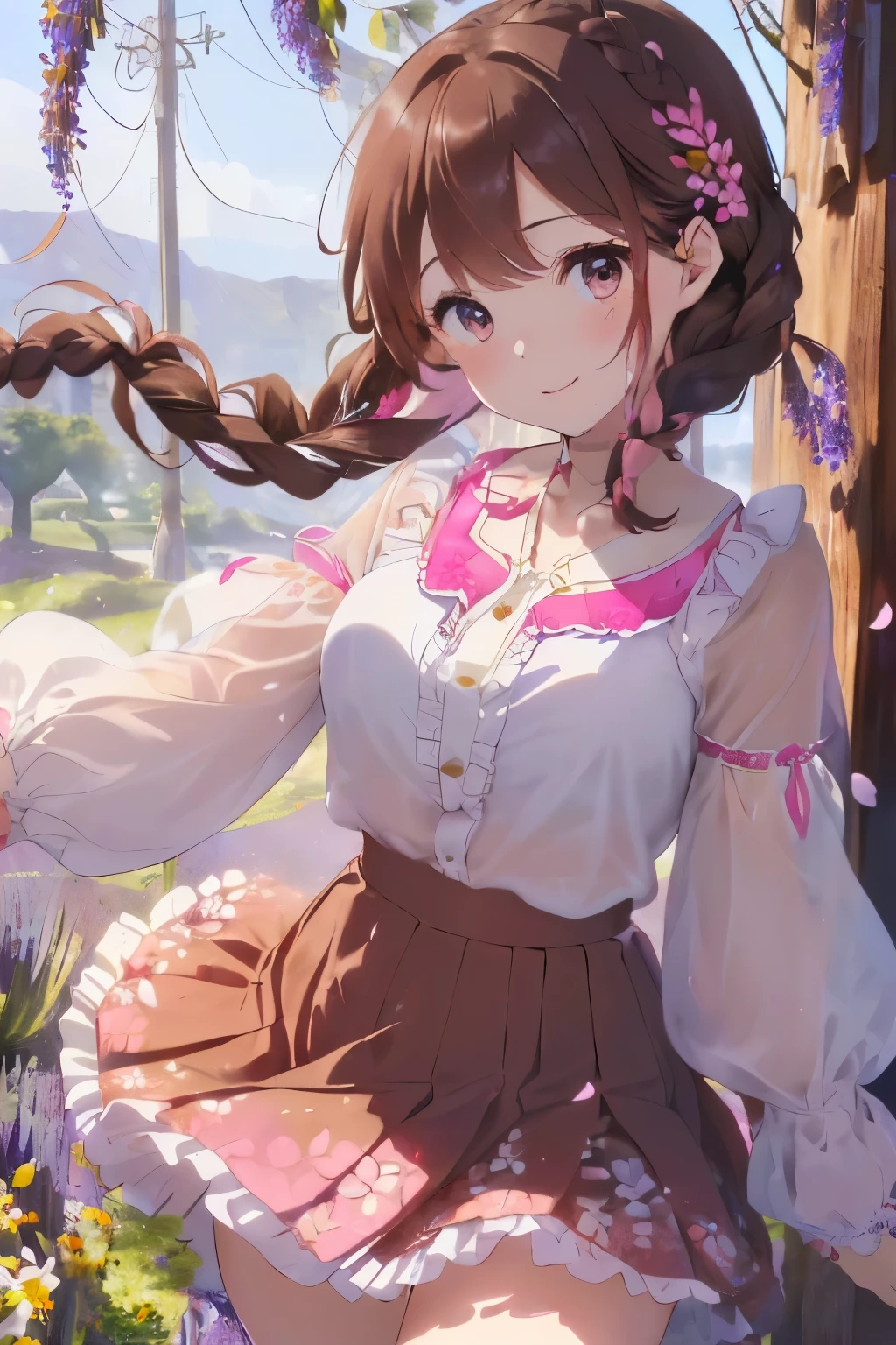 ((Brown hair)),((Braided shorthair)),((With black eyes)),Slight red tide,(refreshing floral blouse:1.3),(flered skirt:1.3),(Skirts with ruffles:1.25),(The hem of the skirt is long enough to reach the ground:1.3),(shortsleeves:1.4),(Accessories and hair ornaments with flower motifs),(active movement:1.25),(Lavender fields:1.3),Kamimei,(close up of face:1.25),(Delicious looking face:1.35),(Petals sway in the wind and dance:1.25),(A happy, fluttering face),,(The colors of the clothes are white, pink, red, and yellow.:1.25),