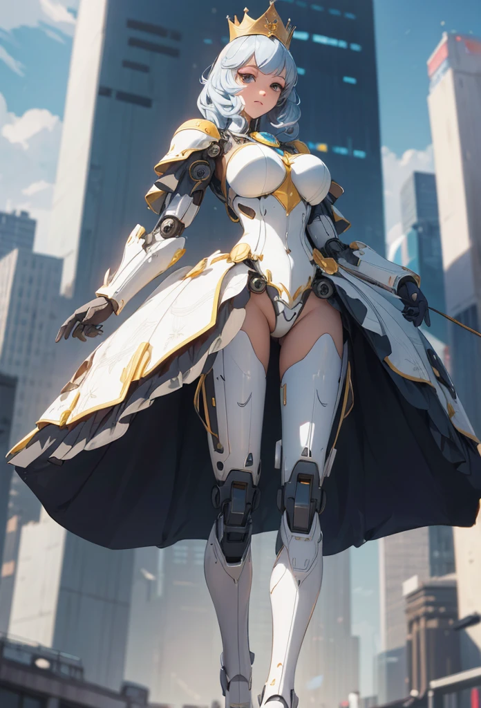 (Detailed illustrations,Very detailed and detailed drawing,Delicate lines with slow and rapid,Realistic texture expression),[Color tressed main line],[Modern city skyscrapers background],(ANIME)(A white GIANTROBOTGirl towering over the building area (SKINNY[SLENDER])),[AUTOMATON](A painstaking face like a sculpture[ROBOTFACE[Eyes like jewels that emit blue-white light]])[[Titanium internal skeleton](Delicate thin fingers) (MACHINEKNIGHT)],((Elegant exterior with many curved surfaces [smooth body surface]) (large crown [[large raised shoulder pad]](Ruffle Petticoat)))[It is called the princess lily of white porcelain],[[TITANWEAPON]] Mecha Body Metal Skin [Cable running down the body surface [gear wheel]],[Platinum coating],[Science Fiction Mechanical [Steampunk]],([beautiful and artistic decoration] [Dense detail [White lily pattern]])[Transparency],(detaileds,high-detail),[[long and beautiful eyelashes]Perfect and beautiful face],[Meticulously drawn hair [美しく艷やかな髪のdetaileds]],(完璧な手のdetaileds [Beautiful fingers without breakdowns [Beautiful nails]]),(Perfect Anatomy(Perfectly proportioned))[[Full body like]],[Ideal color coordination(Accurate simulation of light-material interactions)],([Precision Detail](detaileds,high-detail)),(Huge feeling [Total length 40 meters])[Visual art that conveys a sense of narrative].