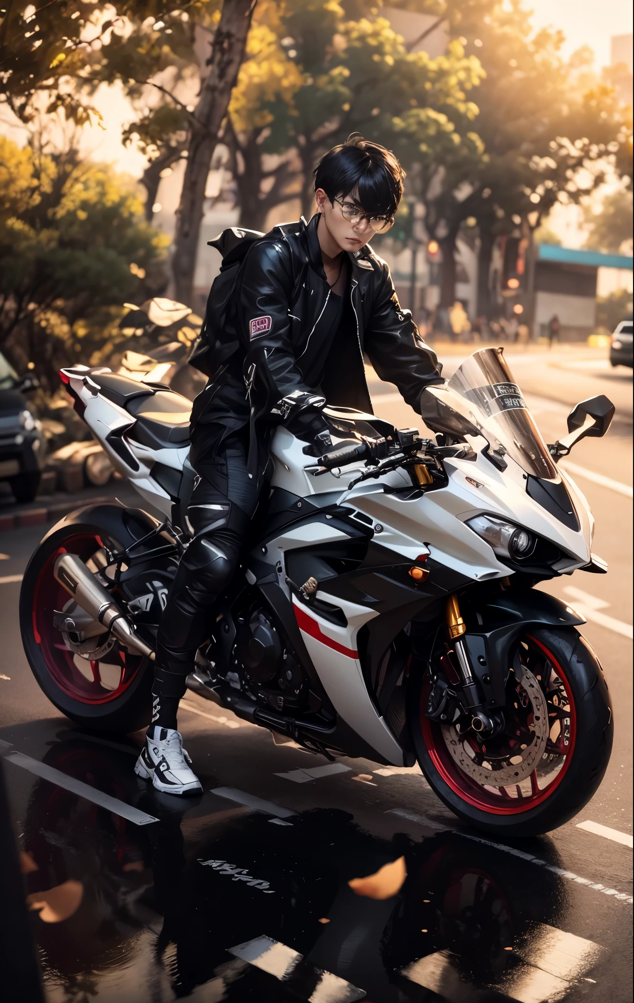 there is a hansome korea boy, perfect face, detail face, that is sitting on a motorcycle on the street, r6, motorbiker, biker, sitting on cyberpunk motorbike, motorcycle, matt white color armor, black white, unreal enging, glossy white armor, white red, triumph, fullbody shot, cinematic full shot, translucent sss, wearing japanese techwear, inspired by Zhu Da, riding