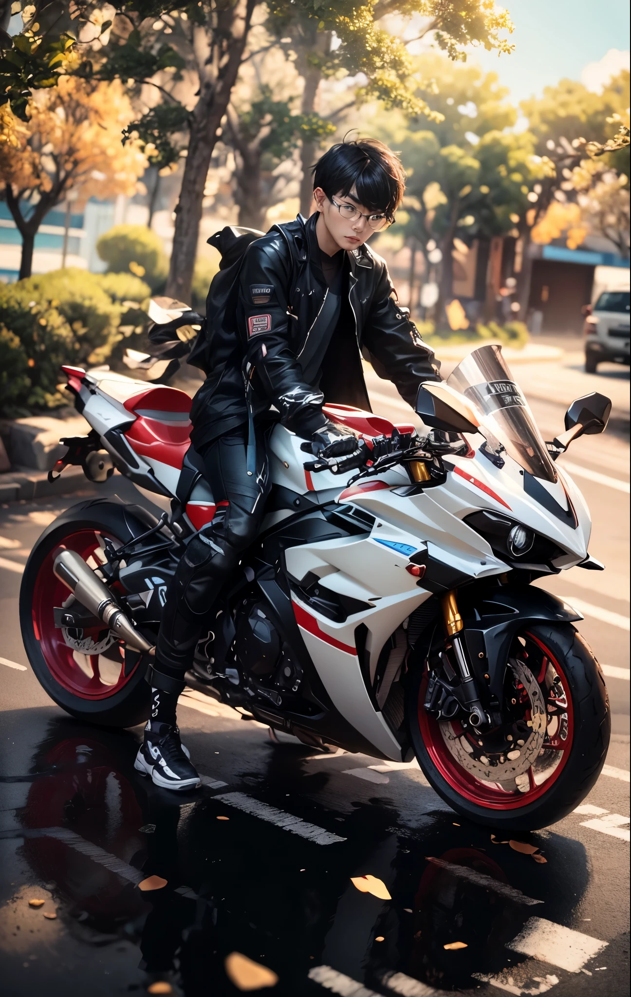 there is a hansome korea boy, perfect face, detail face, that is sitting on a motorcycle on the street, r6, motorbiker, biker, sitting on cyberpunk motorbike, motorcycle, matt white color armor, black white, unreal enging, glossy white armor, white red, triumph, fullbody shot, cinematic full shot, translucent sss, wearing japanese techwear, inspired by Zhu Da, riding