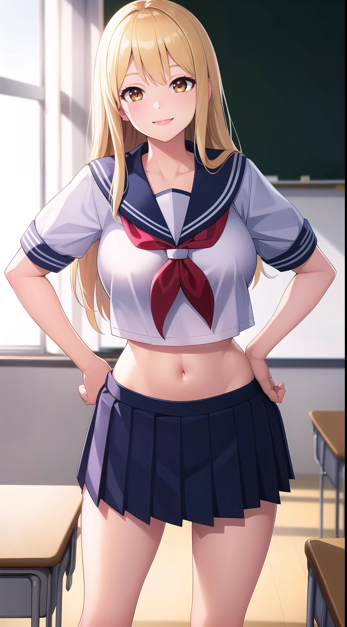 (best quality:1.5, highres, UHD, 4K, detailed lighting, shaders, perfect hand anatomy), blonde long straight hair, busty, sailor school uniform, crop top, skirt, smiling, hand on hip, sexy, pov, close shot, classroom background