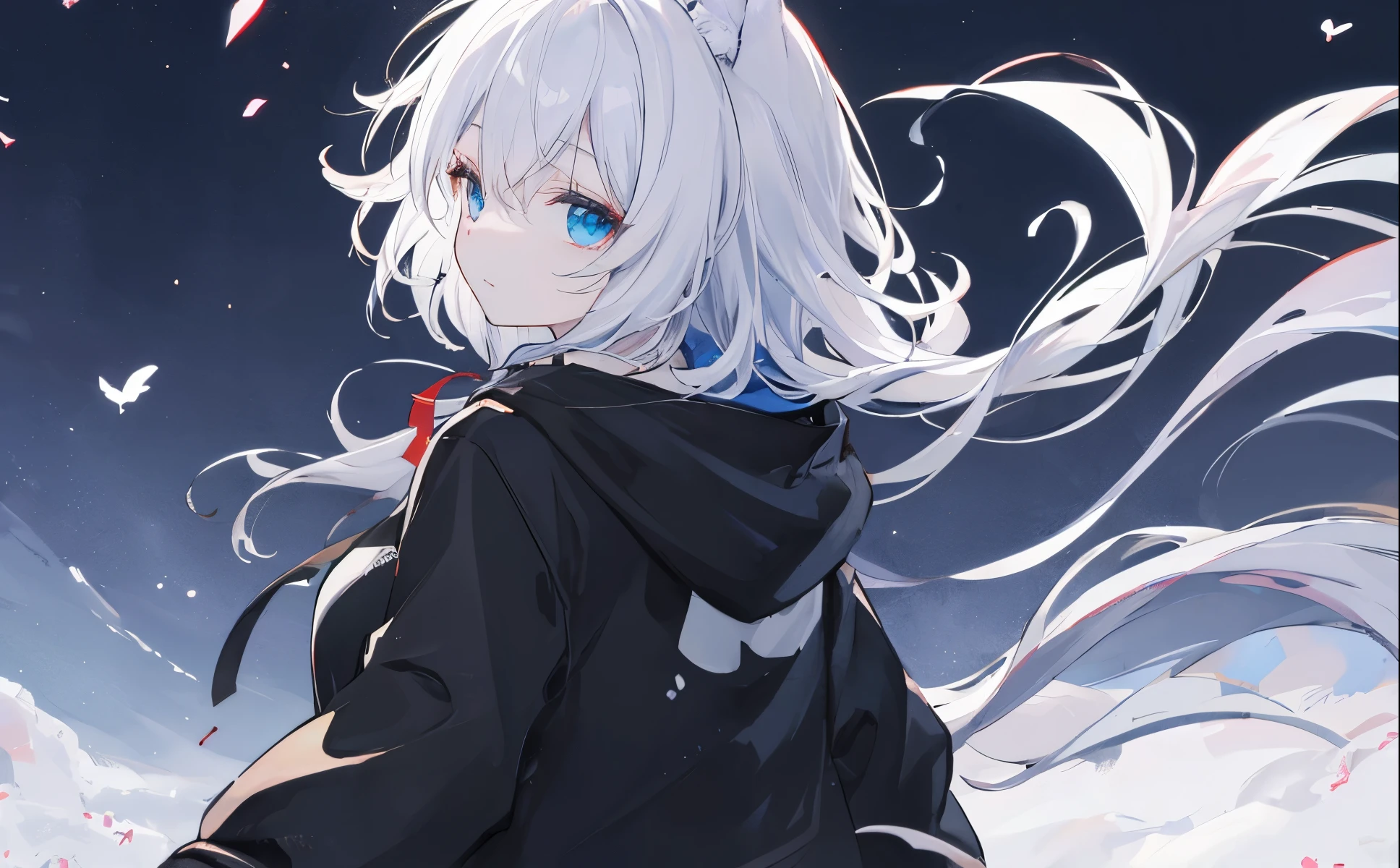 ((Best Quality)),up、Wearing a black hoodie、looked lonely、He had gray hair and furry ears.、eyes are very blue、wolf girl。The back is black。The wind is blowing、Hair is fluttering。