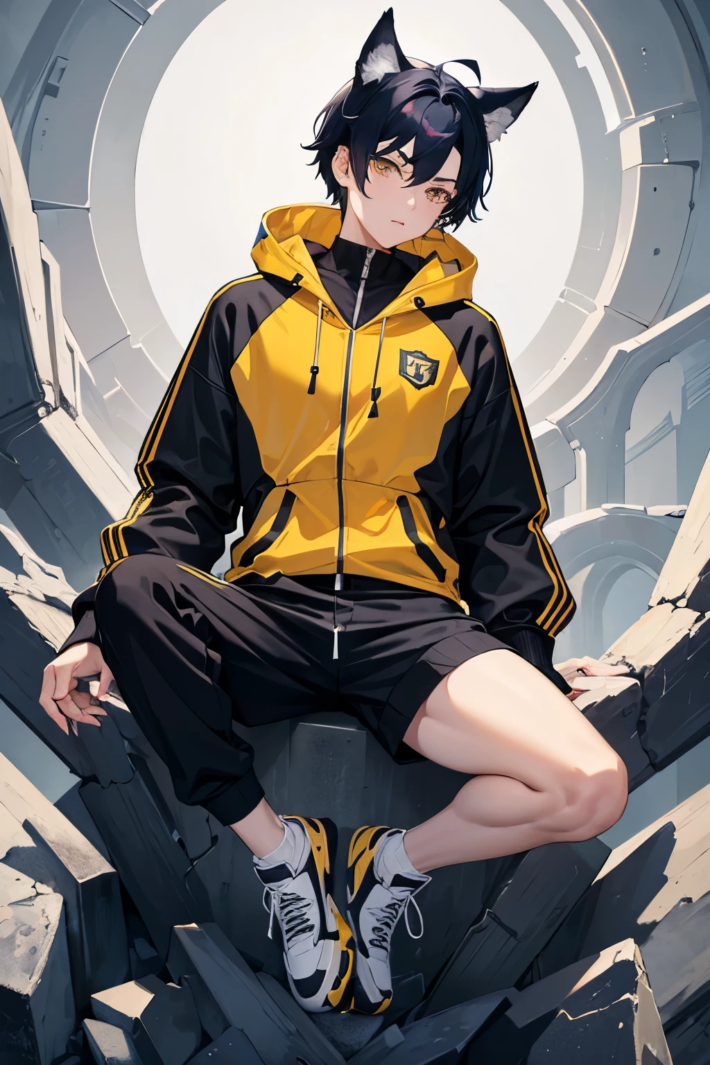 (masterpiece), best quality, full body art, boy, 16 years old, strong athletic body, dark blue hair, short haircut, yellow eyes, wolf ears, scar across the face, gray tracksuit, white fur collar, claws, wolf tail