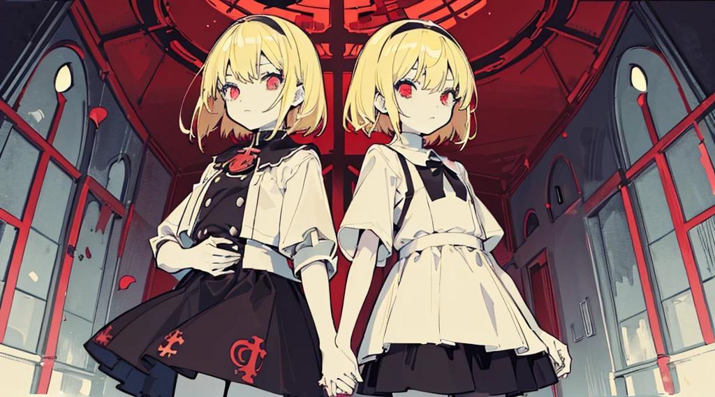 (2 girls, sister, blonde hair, red eyes, kawaii, hold hands), (abandoned church, late night), (low contrast, flat color, limited palette)