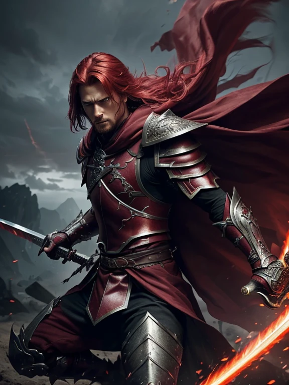 (crimson-haired man),(dual-wielding:1.1),(sword in each hand),(one black sword),(one ethereal sword),(intense gaze),(strong and confident),(epic battle scene),(dramatic lighting),(dust and debris floating),(powerful strikes),(dynamic poses),(martial prowess),(fierce expression),(action-packed),(high-stakes confrontation),(epic fantasy setting),(splashes of red),(magical aura),(intense energy),(detailed armor),(intricate details on swords),(unyielding determination),(smoke and sparks),(cinematic composition),(impressive physique),(crimson cloak flowing),(ominous atmosphere),(extraordinary agility),(mysterious background),(mythical creatures),(majestic scenery),(crimson-themed color palette),(flashing blades),(adrenaline rush)