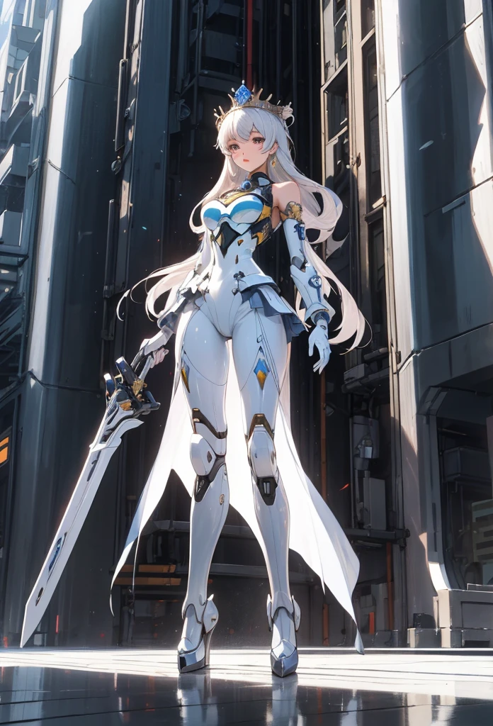 (Detailed illustrations,Very detailed and detailed drawing,Delicate lines with slow and rapid,Realistic texture expression),[Color tressed main line],[Modern city skyscrapers background],(ANIME)(A white GIANTROBOTGirl towering over the building area (SKINNY[SLENDER])),[AUTOMATON](A painstaking face like a sculpture[ROBOTFACE[Eyes like jewels that emit blue-white light]])[[Titanium internal skeleton](Delicate thin fingers) (MACHINEKNIGHT)],((Elegant exterior with many curved surfaces [smooth body surface]) (large crown [[large raised shoulder pad]](Ruffle Petticoat)))[It is called the princess lily of white porcelain],[[TITANWEAPON]] Mecha Body Metal Skin [Cable running down the body surface [gear wheel]],[Platinum coating],[Science Fiction Mechanical [Steampunk]],([beautiful and artistic decoration] [Dense detail [White lily pattern]])[Transparency],(detaileds,high-detail),[[long and beautiful eyelashes]Perfect and beautiful face],[Meticulously drawn hair [美しく艷やかな髪のdetaileds]],(完璧な手のdetaileds [Beautiful fingers without breakdowns [Beautiful nails]]),(Perfect Anatomy(Perfectly proportioned))[[Full body like]],[Ideal color coordination(Accurate simulation of light-material interactions)],([Precision Detail](detaileds,high-detail)),(Huge feeling [Total length 40 meters])[Visual art that conveys a sense of narrative].