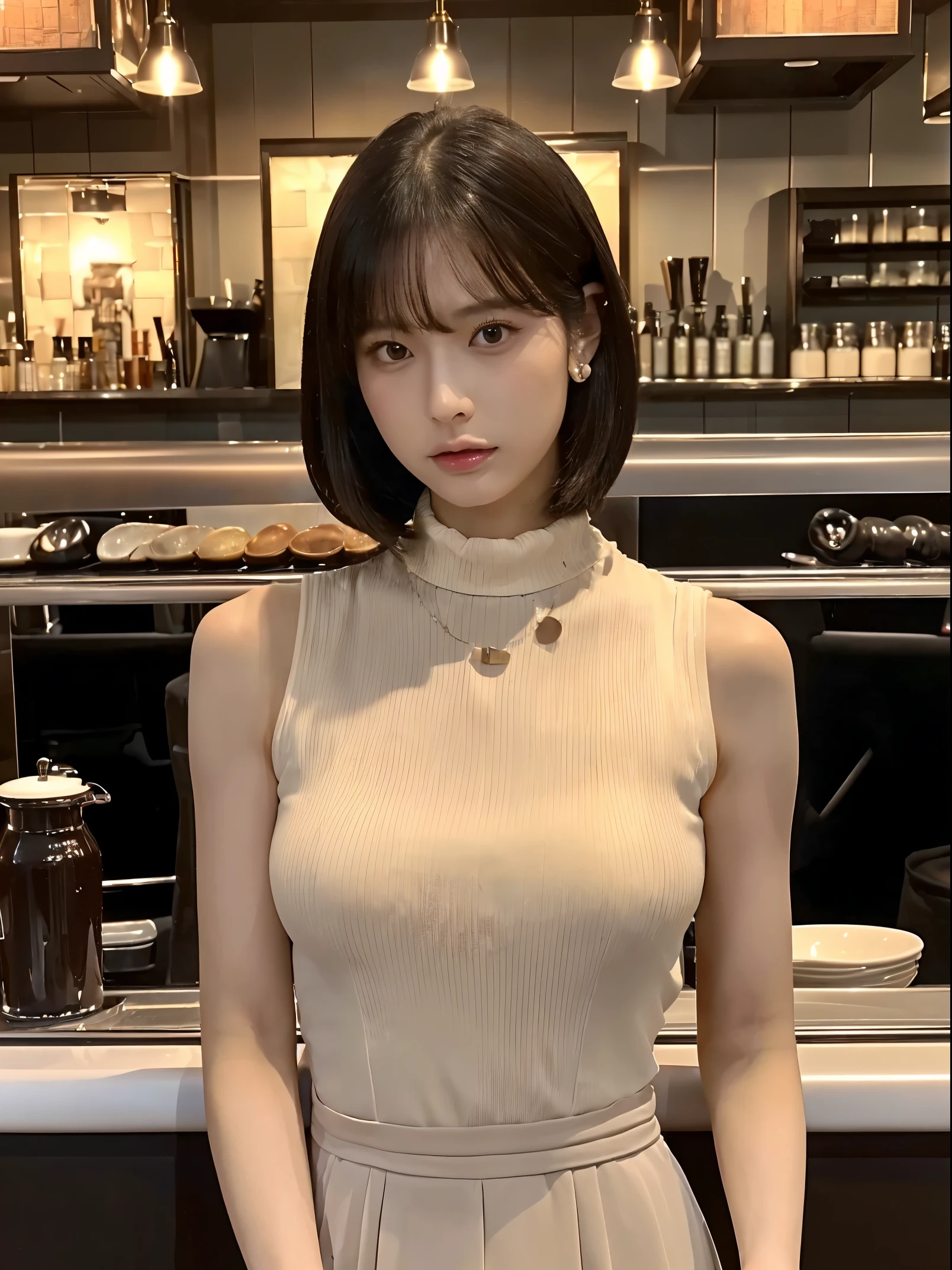 (The ultra -The high-definition:1.5)(ultra-detailliert:1.3) (ultra-quality) (An ultra-high picture quality:1.5) (rialistic photo:1.3) A Japanese Lady　21years old　((detailed and beautiful faces:1.3)) ((realistic skin textures:1.3)) ((High-quality eyes:1.3)) ((Dense and high quality ears)) ((Very fair and transparent skin:1.3)) ((Beautifully groomed straight bob hair:1.3))  Complete body　beautiful proportion　(very thin sleeveless shirt)　((High quality long gathered skirt))  The background is the inside of a cafe at dusk...　Beautiful, Luxurious and stylish interior　(((Look kindly at your audience:1.3))) Colossal tits ((Very erotic face close-up)) Beautiful fair skin　front-facing view　erotic and soft skin　Sexual attraction