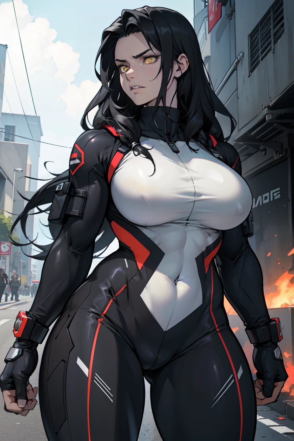 best quality best quality best quality black hair yellow eyes pale skin muscular huge greasts thick thighs angry solo extremely long hair girl body suit highly detailed highly detailed