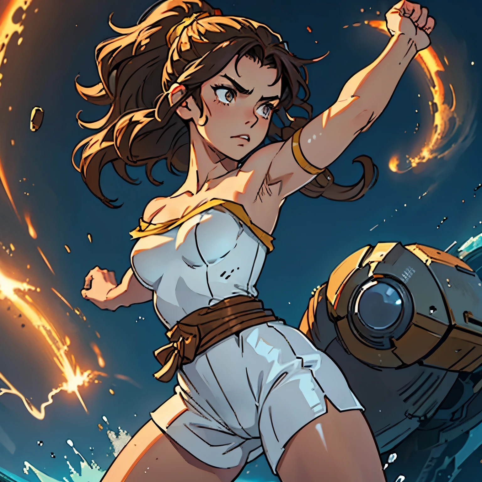 (Caucasian teenager), 18 years old, hazel eyes, (wavy brown hair), (hair tied back), medium hair, small breasts. She wears a white, off-the-shoulder sci-fi suit, bare shoulders, solo, (Clenched fists and raised arms 1.6)