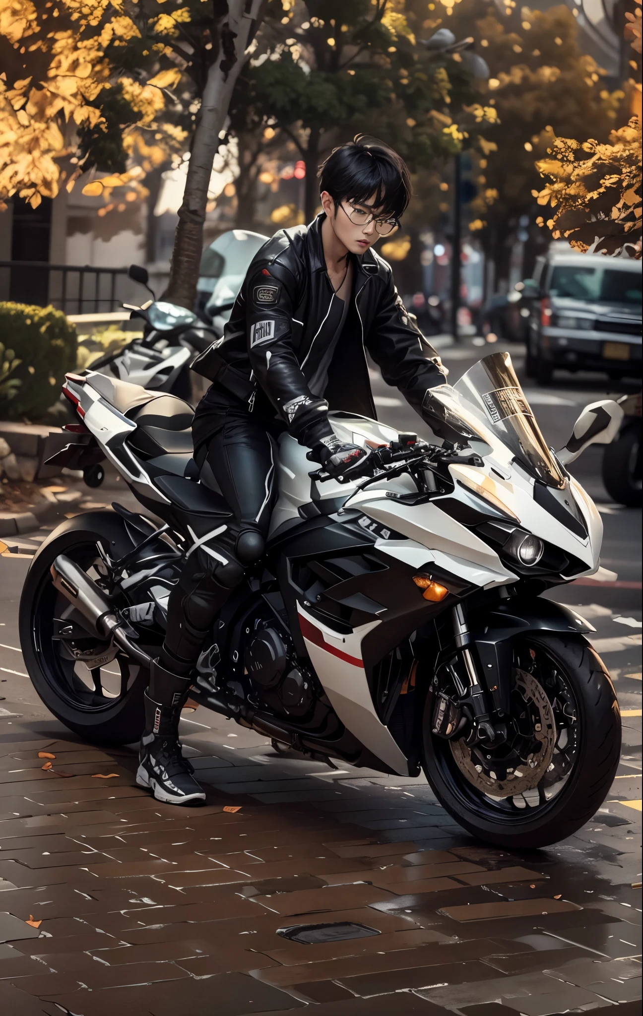 there is a hansome korea boy, perfect face, detail face, that is sitting on a motorcycle on the street, r6, motorbiker, biker, sitting on cyberpunk motorbike, motorcycle, matt white color armor, black white, unreal enging, glossy white armor, white red, triumph, fullbody shot, cinematic full shot, translucent sss, wearing japanese techwear, inspired by Zhu Da, riding