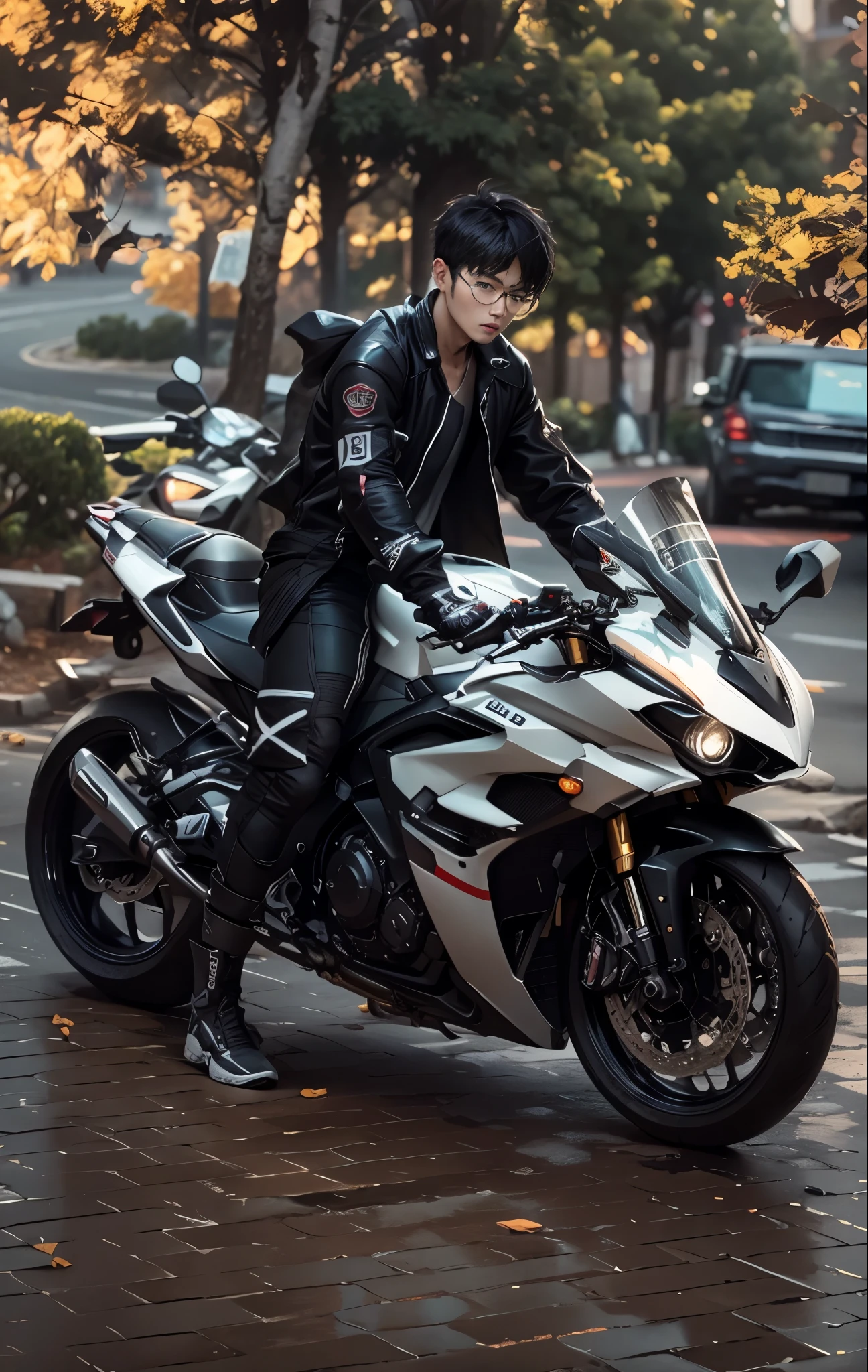 there is a hansome korea boy, perfect face, detail face, that is sitting on a motorcycle on the street, r6, motorbiker, biker, sitting on cyberpunk motorbike, motorcycle, matt white color armor, black white, unreal enging, glossy white armor, white red, triumph, fullbody shot, cinematic full shot, translucent sss, wearing japanese techwear, inspired by Zhu Da, riding
