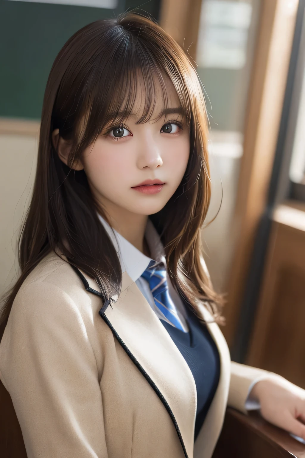 masutepiece, Best Quality, Illustration, Ultra-detailed, finely detail, hight resolution, 8K Wallpaper, Perfect dynamic composition, Beautiful detailed eyes, Natural Lip,Blazer ,School uniform, cleavage, Full body
