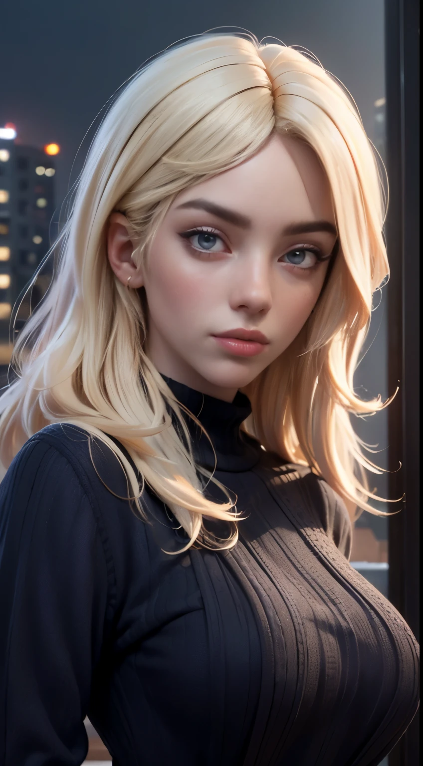 photo of Billie Eilish, RAW, beautiful woman, ((portrait)), ((detailed face:1.2)), ((detailed facial feature, detailed skin, clear skin), (perfect proportioned body, large breasts), (wearing a oversized colorful sweater) (high detailed city environment, apartment balcony), (realistic photo, best quality, detailed), (8k wallpaper), (cinematic lighting, dramatic lighting) (sharp focus, intricate)