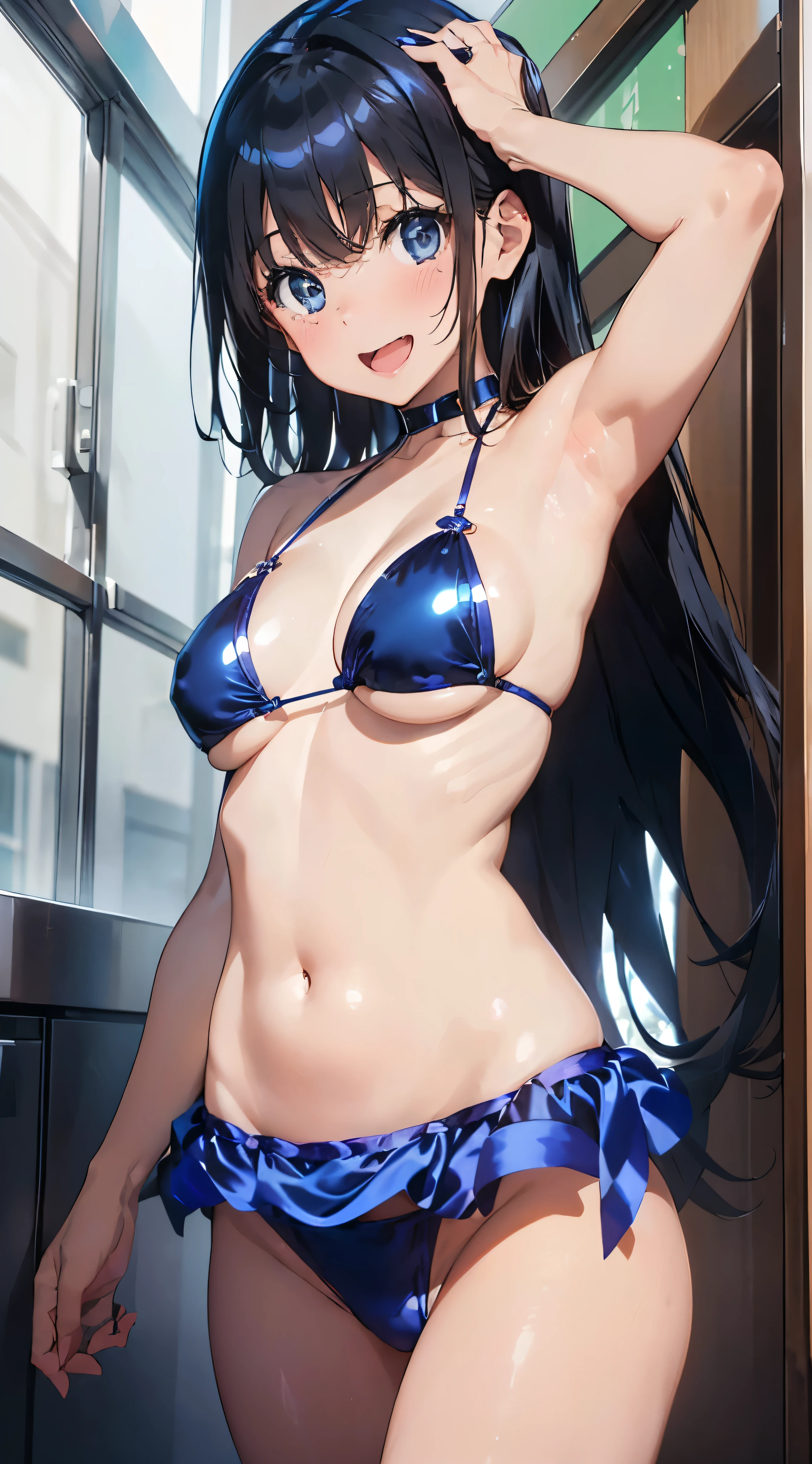 1womanl,Black hair,14years ,(()),Beautiful breasts,(((sexy white and blue shiny bikini armor)))(())(((Blushing cheeks、Smile with open mouth)),(((Satin Narico))),((( portlate))),mare,white and blue bikini armor