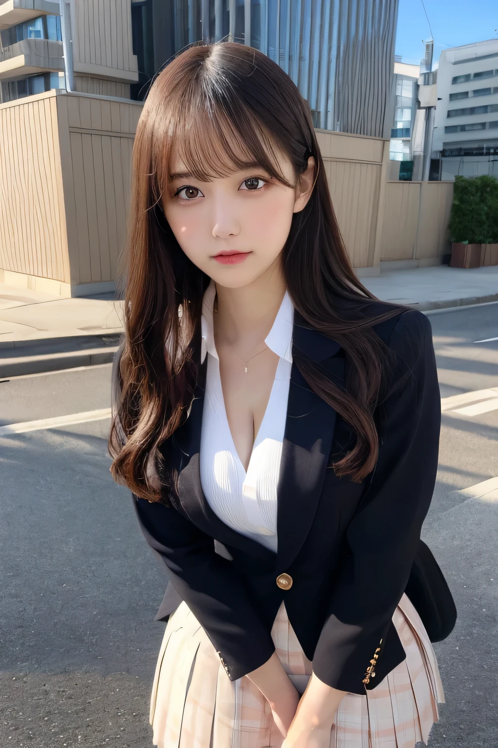 masutepiece, Best Quality, Illustration, Ultra-detailed, finely detail, hight resolution, 8K Wallpaper, Perfect dynamic composition, Beautiful detailed eyes,  Natural Lip,Blazer ,School uniform, cleavage, Full body