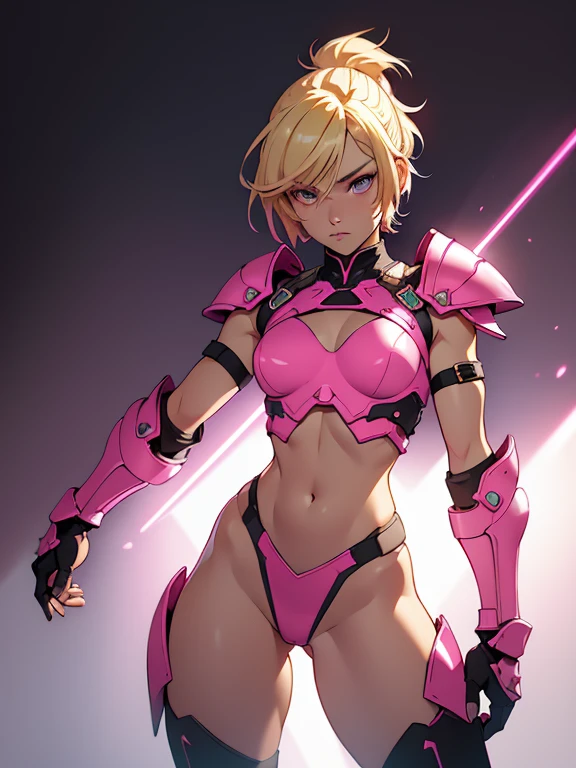 neon pink, fantasy fighter, young girl, blond short hair, revealing armor, medium hips, very small breasts, thick thighs, very thin waist , extremely detailed face and eyes, absurdes, 4k, dynamic pose, dynamic shadows, beautiful lighting