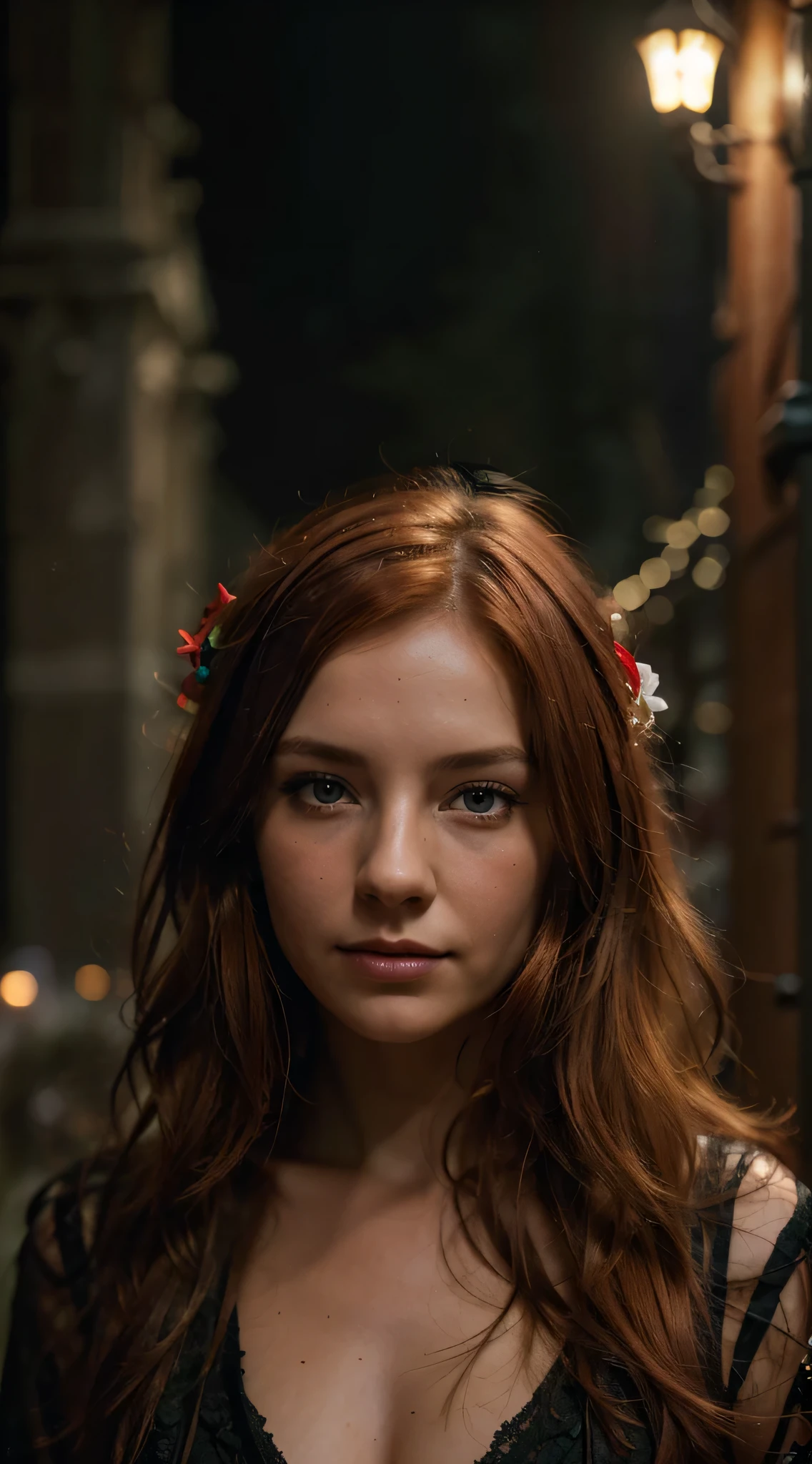 RAW uhd portrait of 24-year-old blonde close-up, Natural red hair, castles, Wavy, (brown-eyed woman) Secret beautiful flower garden in a hidden portal in between old, rusted bricks where a handsome man is walking towards the secret portal." Michael Cina, Alberto Seveso, melancholic vibe, Vivid Colors, Alyssa Monks, Brian Froud, Arthur Rackham hyperdetailed,dark, neon,maze dark art by by Jean Baptiste Monge, Alberto Seveso, Jeremy Mann, Prehistory, night starry sky, redhead, The background of the night of the city, (Red Summer Dress), (cutout), Detailed (textures!, Hair!, brightness, Color!, imperfections:1.1), High detail of light eyes, (looking at the camera), specular lighting, dslr, ultra quality, sharp-focus, Sharp, Depth of field, Film grain, (centered), Fujifilm XT3, Crystal clear, The center of the frame, cute face, sharp-focus, lamp post, neon lights, bokeh, (dimly lit), Low key, in night, (night sky).