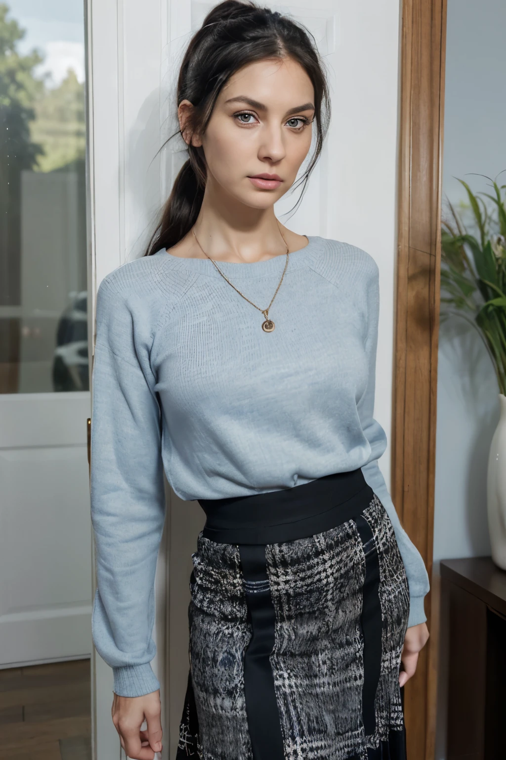 (50 year old woman) gossip. tall thin woman, ugly face, wrinkled face, thin face, thin face, big thin nose, long curved nose, face with wrinkles, tired and old face, thin waist, thin body, thin thin body (black hair, hair in a bun) (blue eyes) (white and fair skin) thin and tall body, western face, thin lips, small mouth, thin hips, thin thighs (indifferent expression, proud, arrogant, angry) full body, thin nose ( small breasts, saggy breasts), ugly woman ((best quality)), ((ultra resolution)), ((photorealistic: 1.4)), (intricate details)((Location: front door)) (conservative clothes, long clothes, Christian woman) (sweater, black dress shirt, black plaid skirt, long skirt, long skirt, long sleeve shirt)