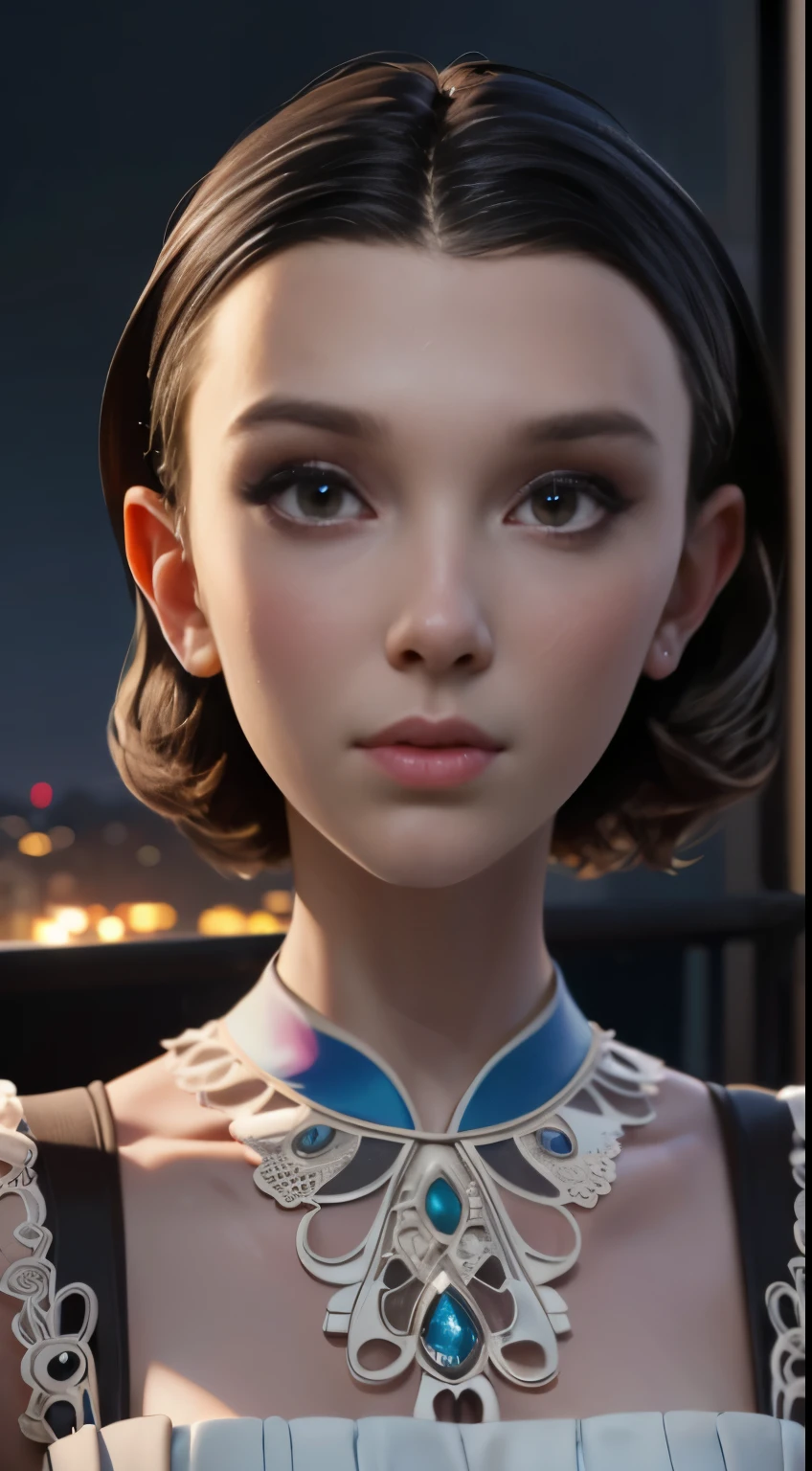 photo of Millie Bobby Brown, RAW, beautiful woman, ((portrait)), ((detailed face:1.2)), ((detailed facial feature, detailed skin, clear skin), (perfect proportioned body), (wearing a colorful dress) (high detailed city environment, apartment balcony), (realistic photo, best quality, detailed), (8k wallpaper), (cinematic lighting, dramatic lighting) (sharp focus, intricate)