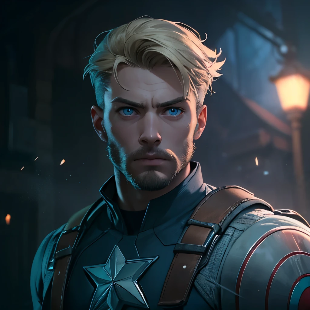 (masterpiece), 8k cg, intricate details, chromatic aberration, ((bust shot)), ((looking at viewer)), 1man (blue eyes, short blonde hair, captain America, Steve Rodgers), blonde beard, strong face, handsome face, frown, 20 year old, absurdres, cinematic lighting, dynamic lighting, fantasy, ((dark background, fog))