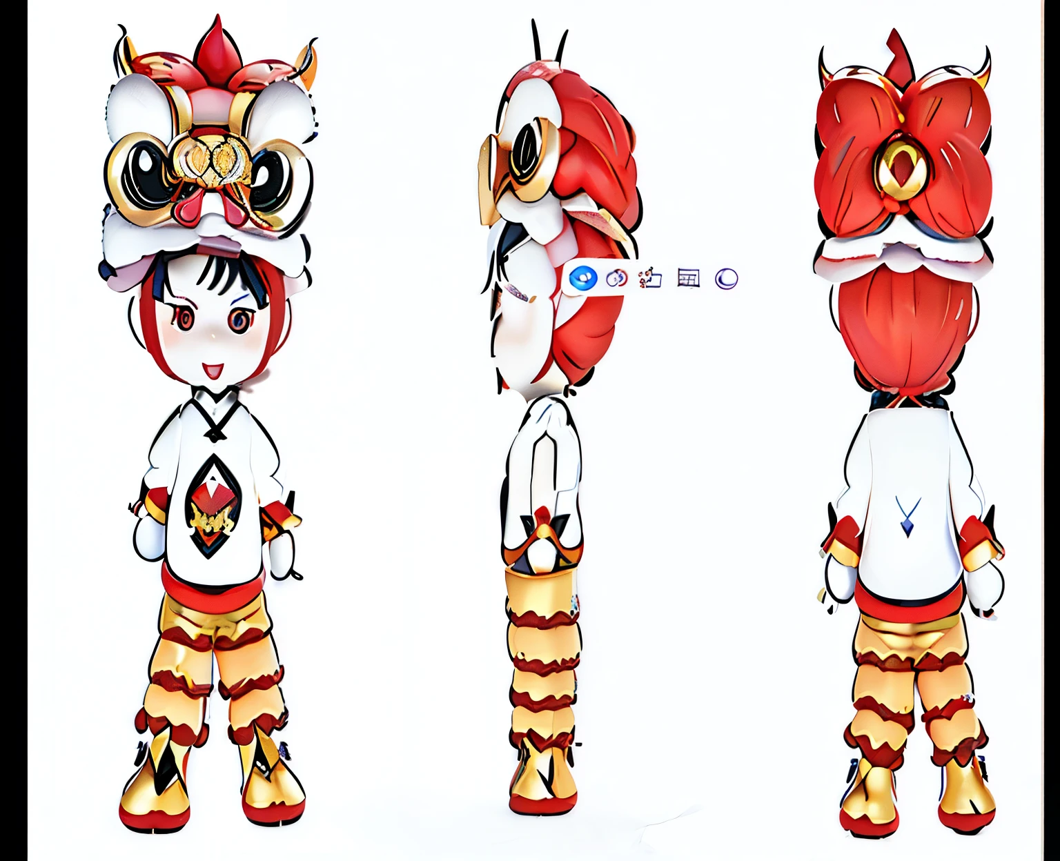 One wears a red hat、Three different poses of people wearing red and white clothing, 3D model of a Japanese mascot, Character art of Maple Leaf Story, Game character design, character design contest winner, Stylized character design, full body mascot, new costume concept design, onmyoji detailed art, Anime style 3D, very Stylized character design