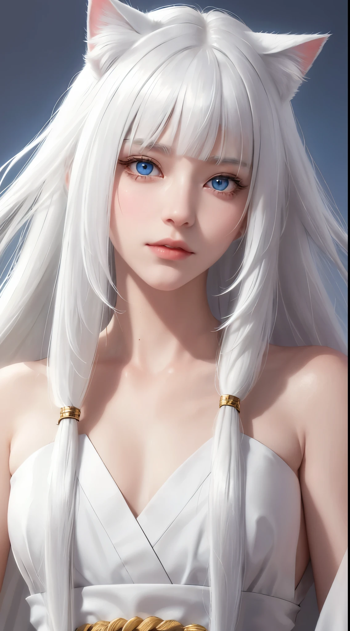 Light white hair, blunt bangs, asymmetrical hair, hair behind ear, long hair, wavy hair, blue eyes, cat pupils, eyebrows behind hair, cat ears, serious, facial hair, close-up, UHD, anatomically correct, textured skin, high details, 1080P, traditional japanese clothes