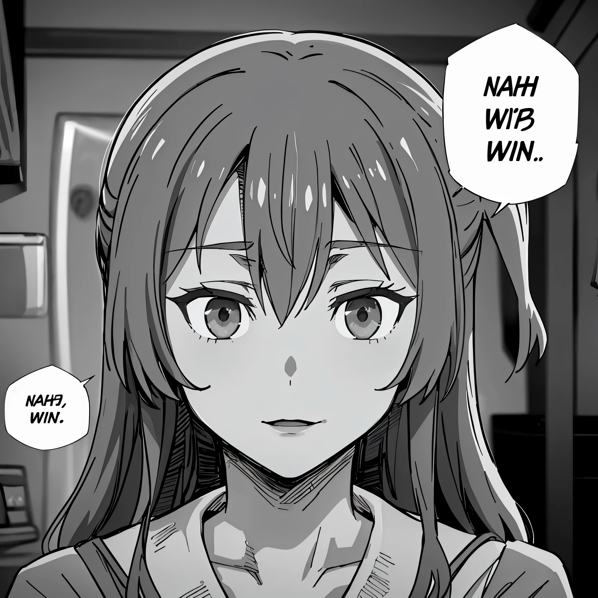 (masterpiece, best quality:1.2), monochrome, greyscale, nahidwin, speech bubble, english text, close-up, solo, female focus, 1female, ikuyo kita
