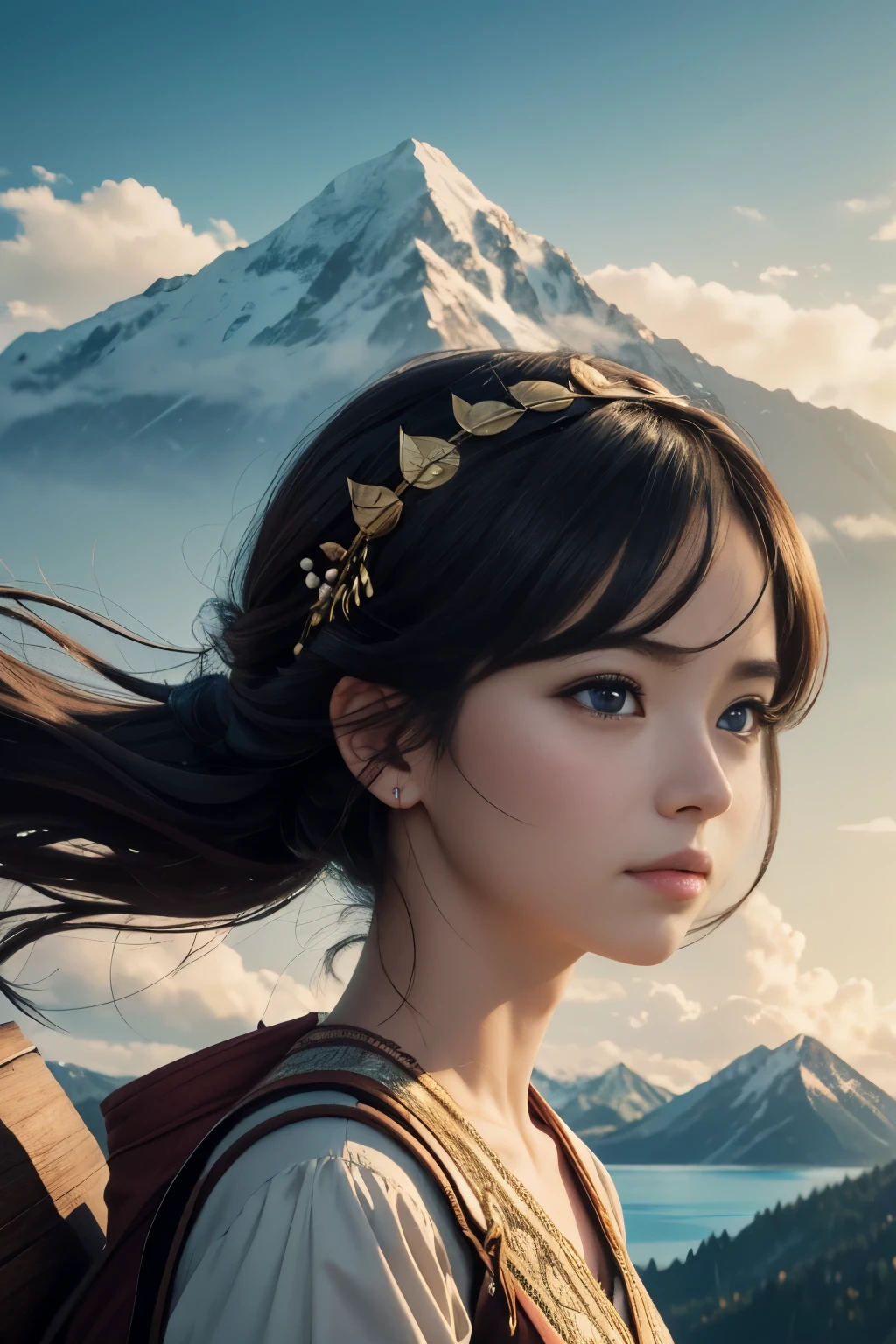 Highly qualified 8K style Studio Ghibli a noble womon,big eyes,detailed face, mountain, sky and lake,