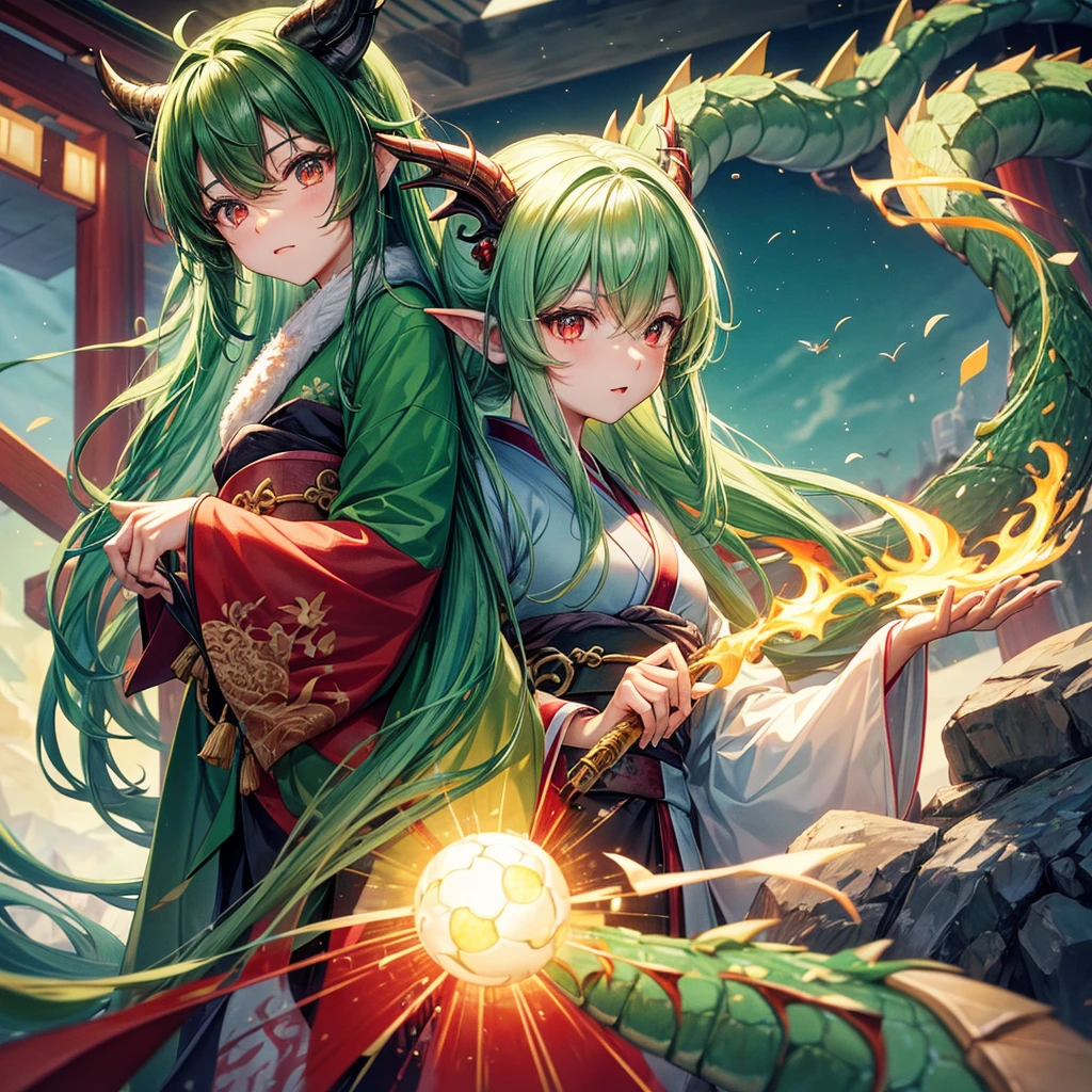 top-quality、cute little、green colored hair、Red eyes、dragongirl、Kimono、dragon horn、Dragon's tail、Dragon wings、Winter scenery