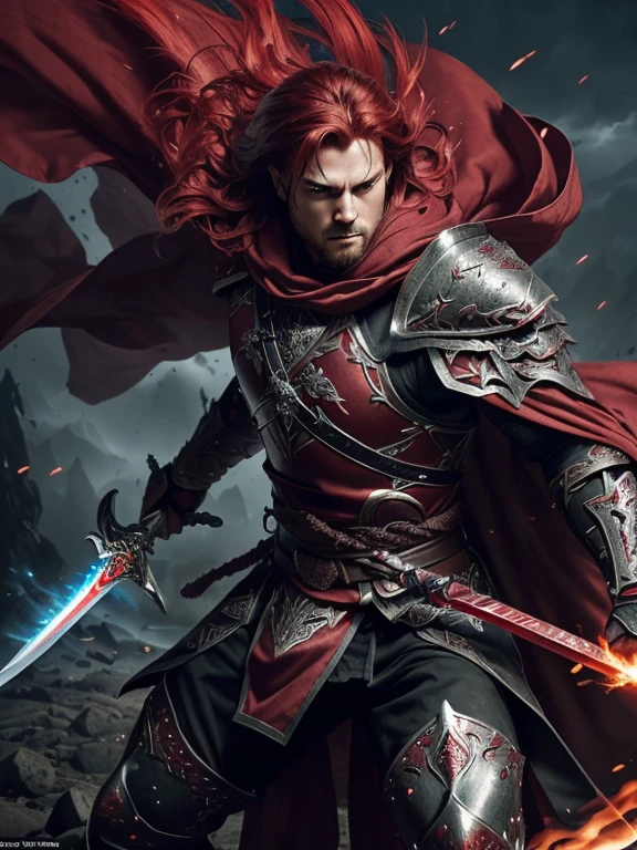 (crimson-haired man),(dual-wielding:1.1),(sword in each hand),(one black sword),(one ethereal sword),(intense gaze),(strong and confident),(epic battle scene),(dramatic lighting),(dust and debris floating),(powerful strikes),(dynamic poses),(martial prowess),(fierce expression),(action-packed),(high-stakes confrontation),(epic fantasy setting),(splashes of red),(magical aura),(intense energy),(detailed armor),(intricate details on swords),(unyielding determination),(smoke and sparks),(cinematic composition),(impressive physique),(crimson cloak flowing),(ominous atmosphere),(extraordinary agility),(mysterious background),(mythical creatures),(majestic scenery),(crimson-themed color palette),(flashing blades),(adrenaline rush)