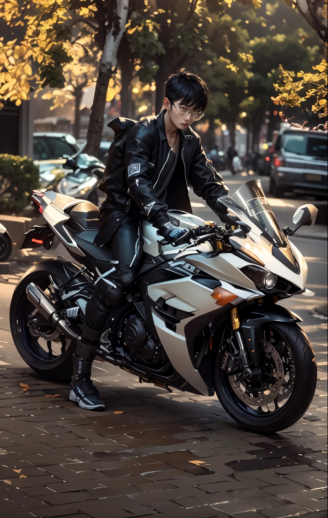 there is a hansome korea boy, perfect face, detail face, that is sitting on a motorcycle on the street, r6, motorbiker, biker, sitting on cyberpunk motorbike, motorcycle, matt white color armor, black white, unreal enging, glossy white armor, white red, triumph, fullbody shot, cinematic full shot, translucent sss, wearing japanese techwear, inspired by Zhu Da, riding