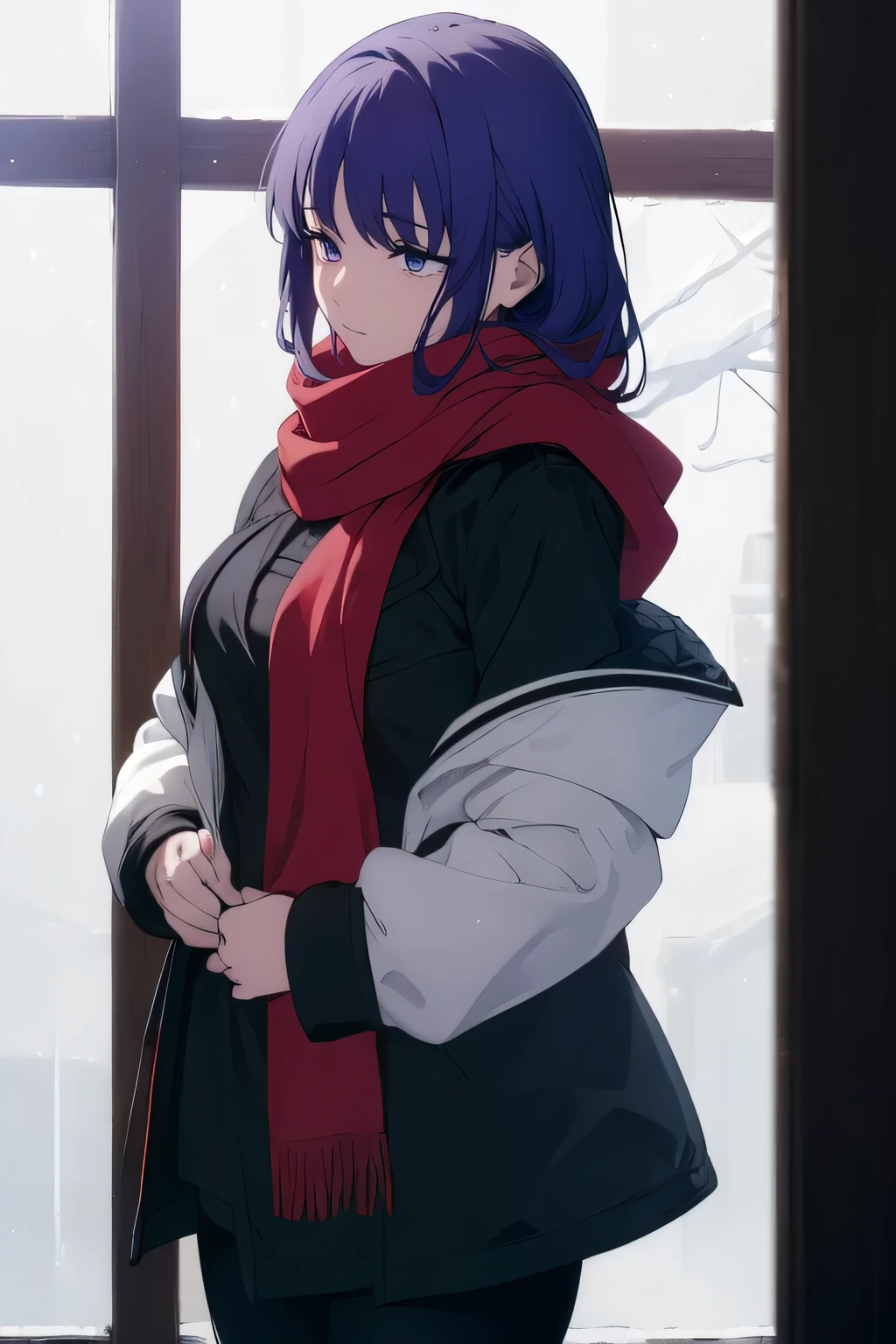 ((((Obra maestra, La mejor calidad, ultrahigh resolution)))), 1girl, (((cool))), (snowy city, snowing), (thick cosy black jacket, red scarf, tall), black leggings