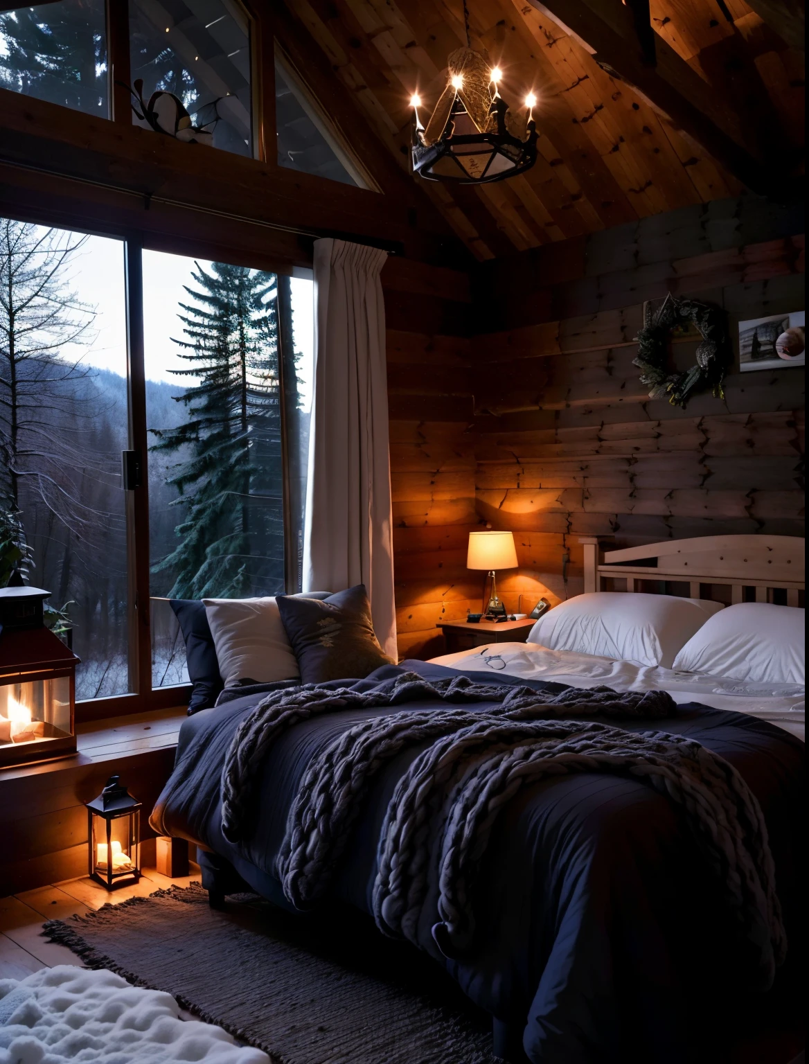 Quarto Arafeld com lareira e cama grande com almofadas, a noite,large windows to the forest at night, Neve na floresta,ambiente acolhedor e tranquilo, ambiente aconchegante, Comfortable and charming scene, aconchegante e calmo, Albergar, ambiente luxuoso, ambiente aconchegante, muito aconchegante, Luxuosa casa de madeira, quarto aconchegante, Acolhedor, Winter scenario
